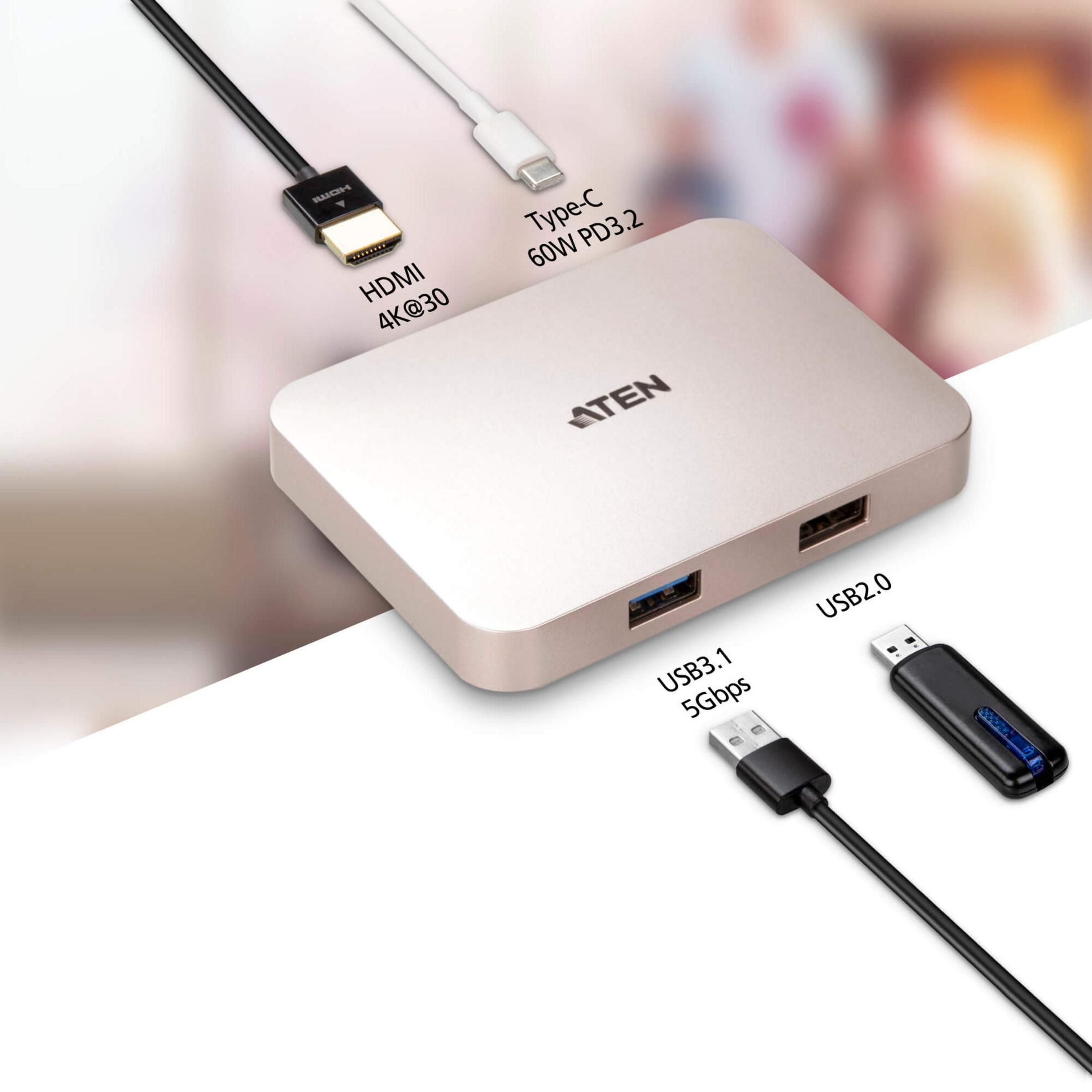 Ein ATEN-Hub mit HDMI, USB-C und USB-Anschlüssen.