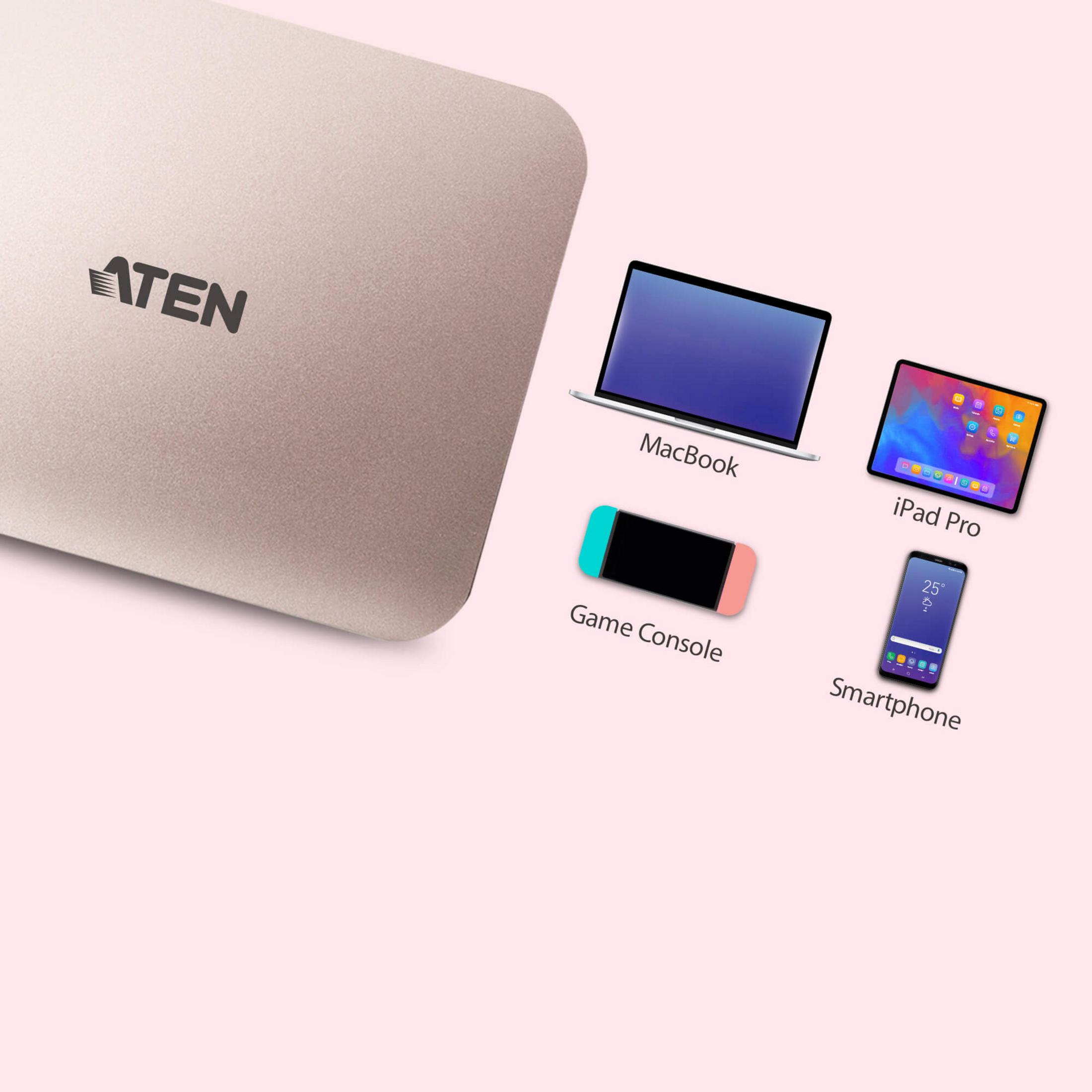 Ein ATEN-Gerät neben einem MacBook, iPad Pro, Game Console und Smartphone.
