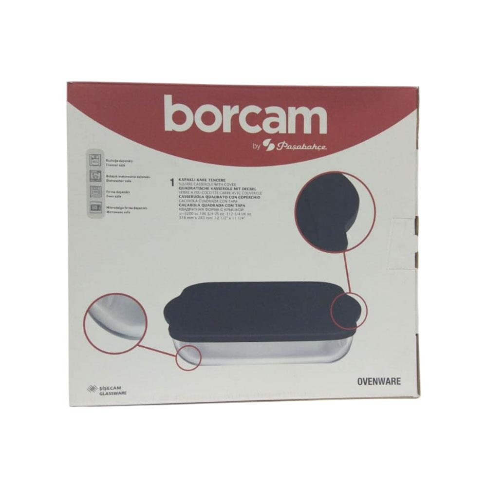 Borcam markalı, siyah kapaklı kare cam güveç kabı kutusu.