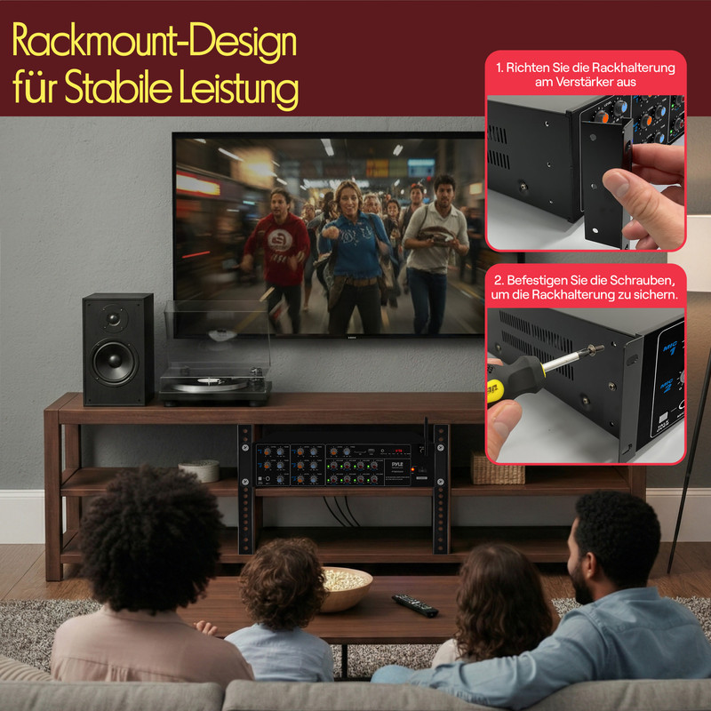 Familie schaut Fernsehen, Rackmount-Design wird gezeigt.