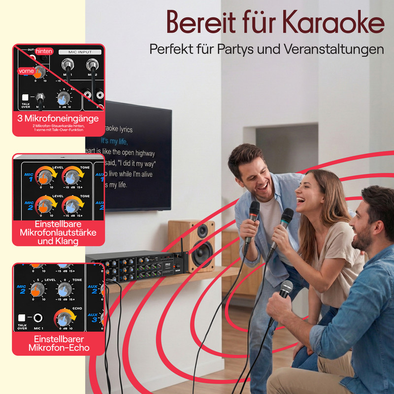 Drei Personen singen Karaoke mit Mikrofonen vor einem Fernsehbildschirm.