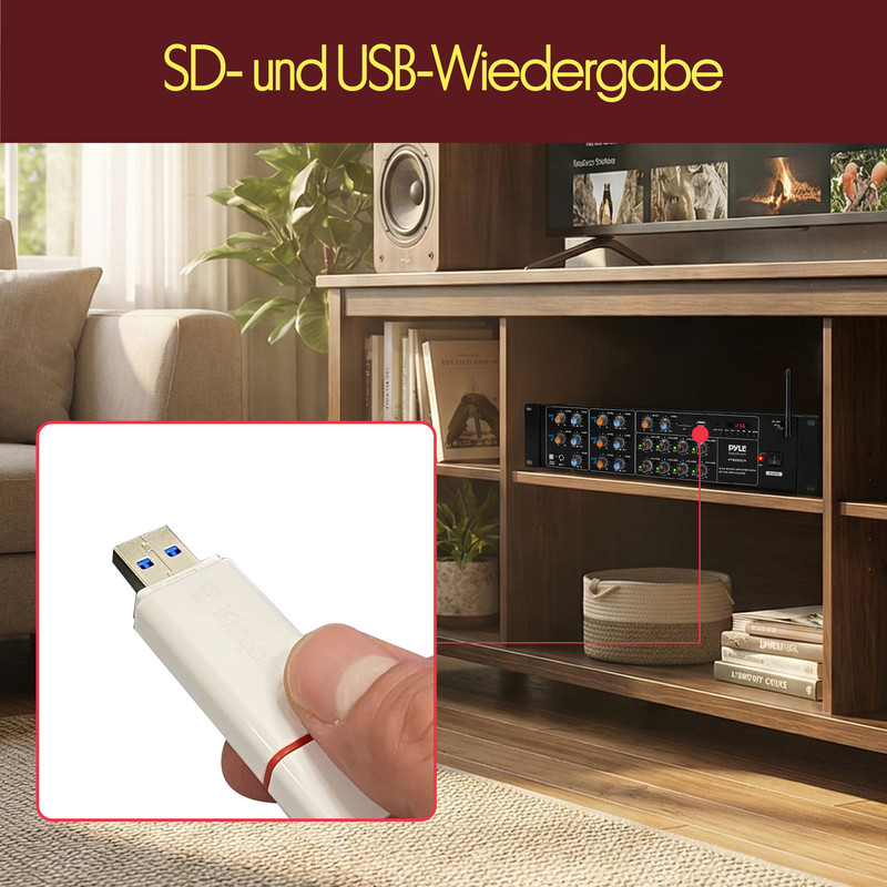 Hand hält weißen USB-Stick vor einem Holzregal mit Audiogeräten und einem Fernseher.