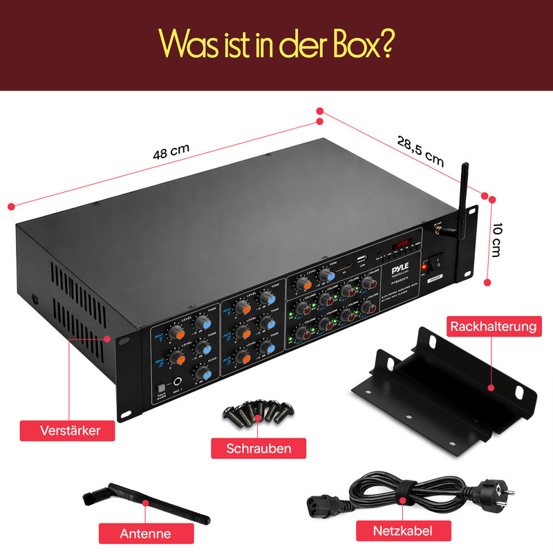 Ein schwarzer Verstärker mit vielen Reglern, Antenne, Schrauben, Netzkabel und Rackhalterung.