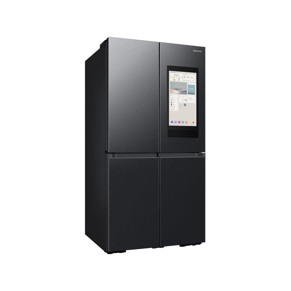 Ein schwarzer Samsung Kühlschrank mit vier Türen und einem Touchscreen-Display.