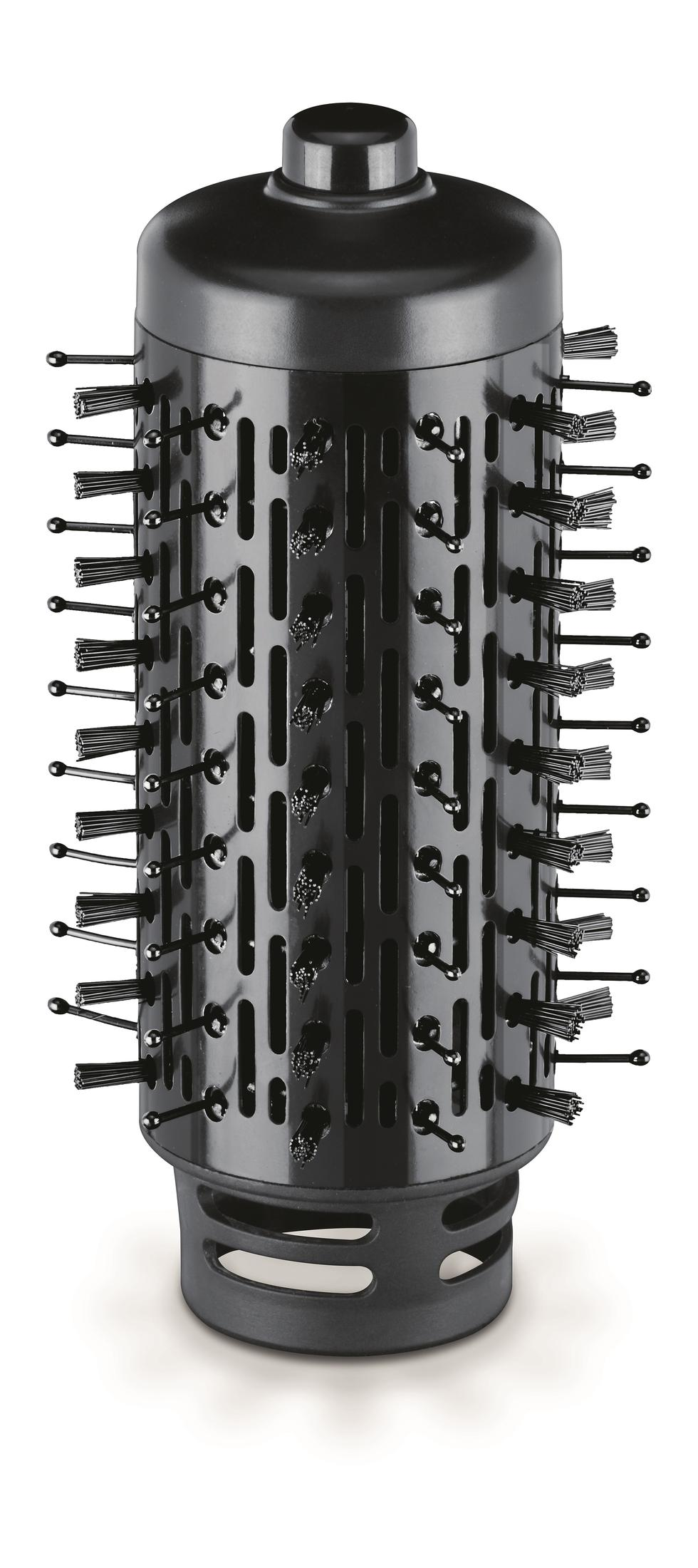 Accesorio negro para secador de pelo con cerdas y ranuras de ventilación.