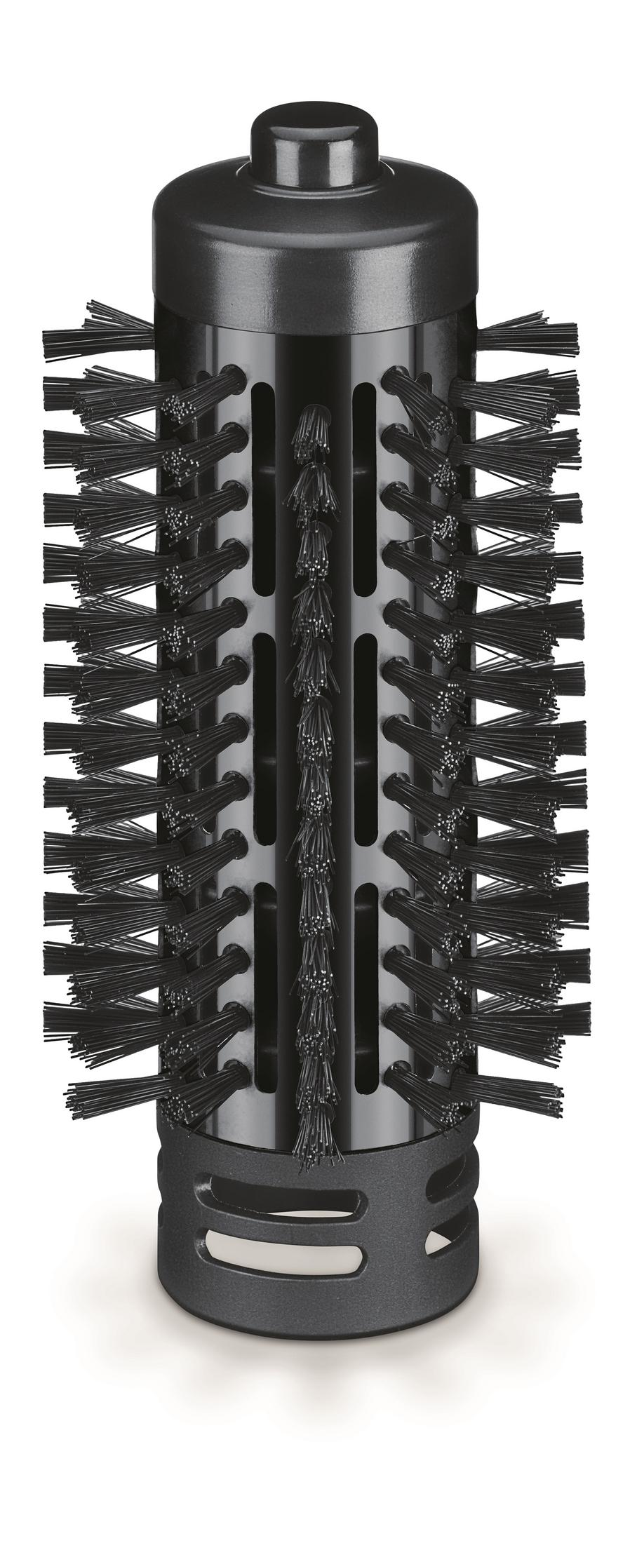 Un cepillo de pelo negro con cerdas que sobresalen de su cuerpo cilíndrico.