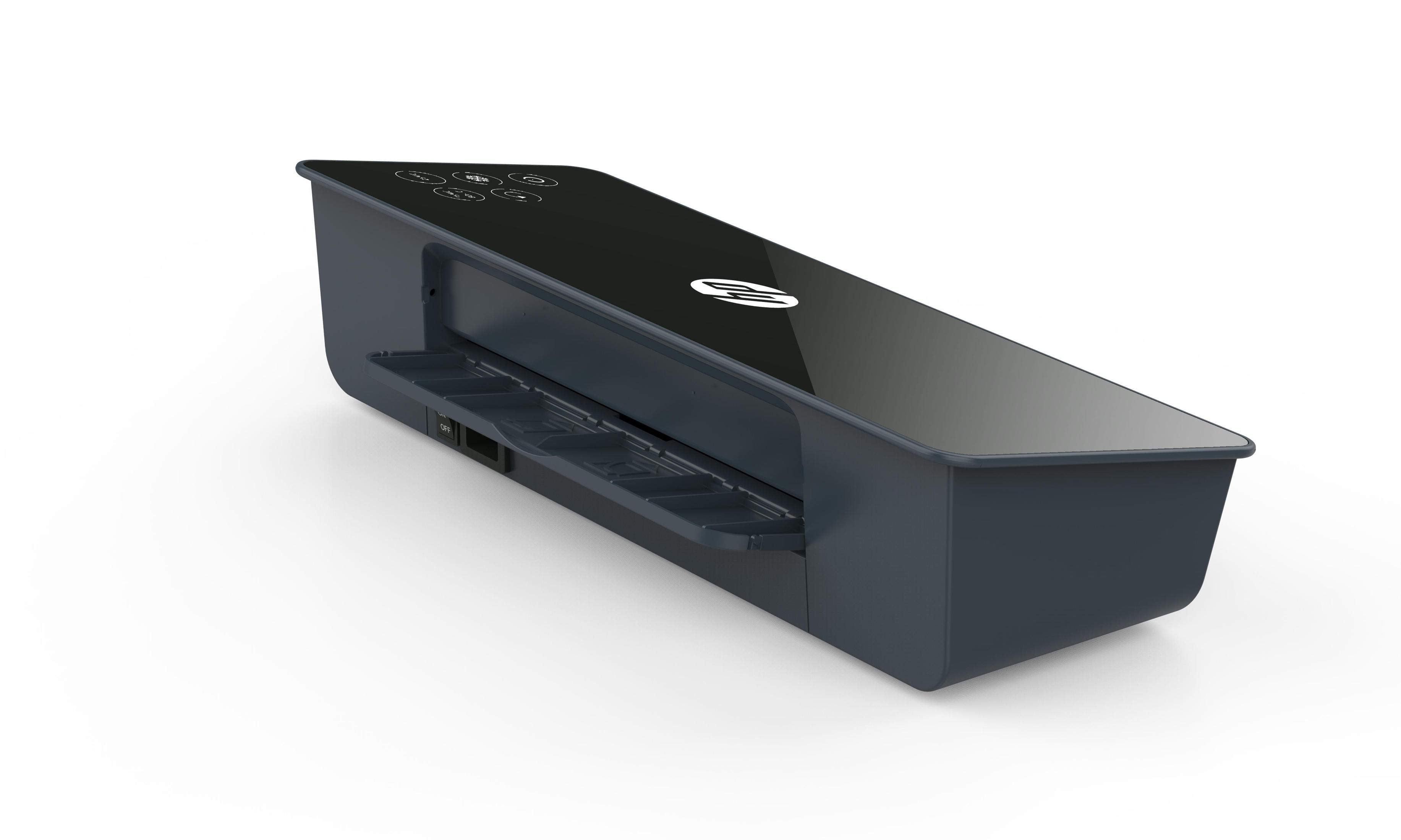 Dunkelgrauer Drucker mit Touchscreen-Oberfläche und Ein-/Aus-Schalter.