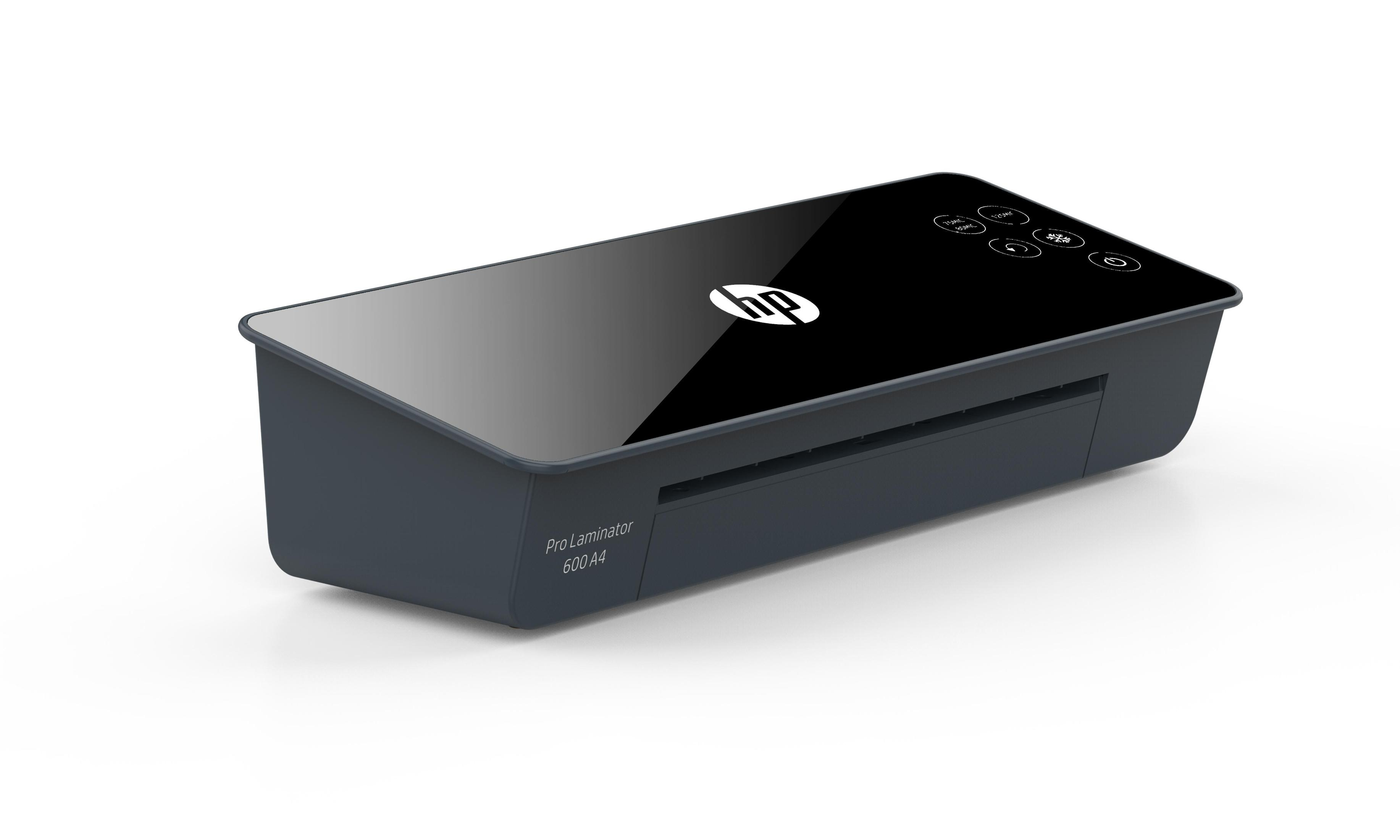 Ein dunkler HP Pro Laminator 600 A4 mit Touch-Bedienelementen auf glänzender Oberfläche.