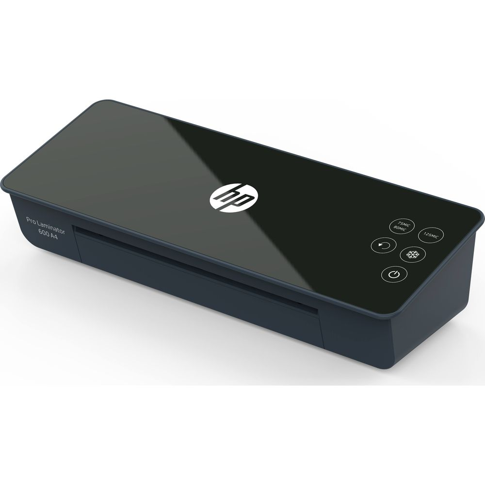 Ein dunkler HP Pro Laminator 600 A4 mit Touchscreen-Bedienelementen.