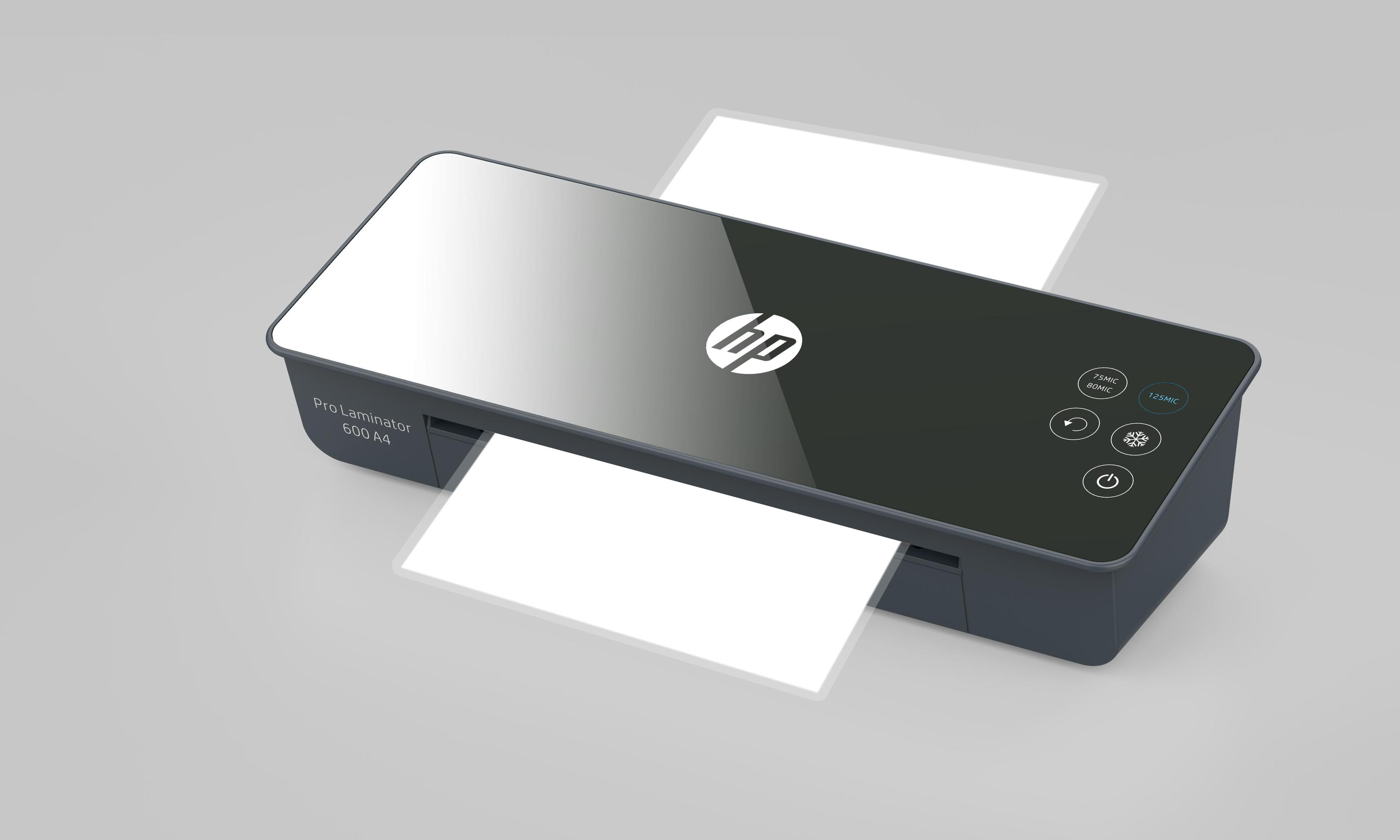 Ein dunkler HP Laminator mit Papier vorne und hinten.