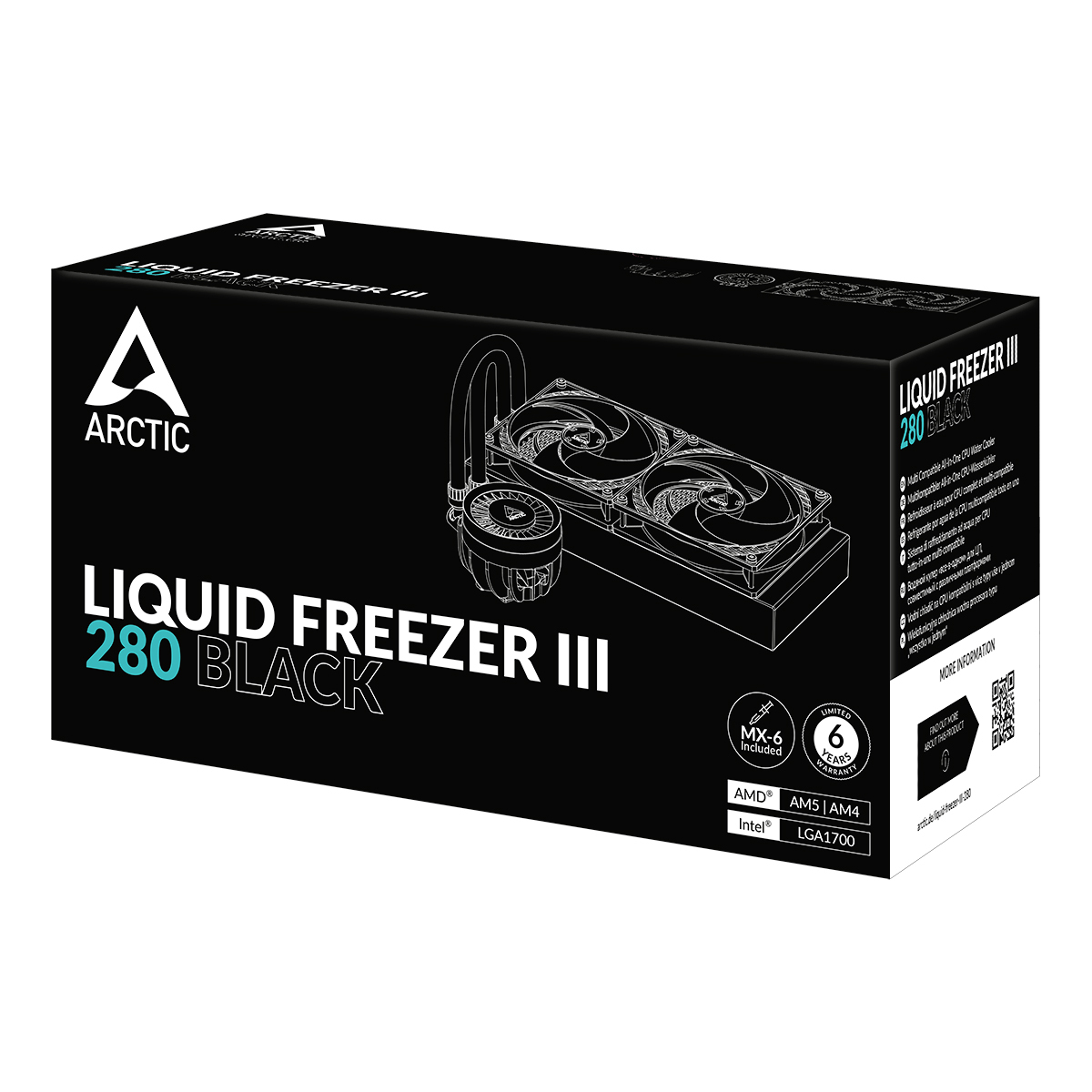 Verpackung des Arctic Liquid Freezer III 280 Black CPU-Kühlers mit Lüftern.