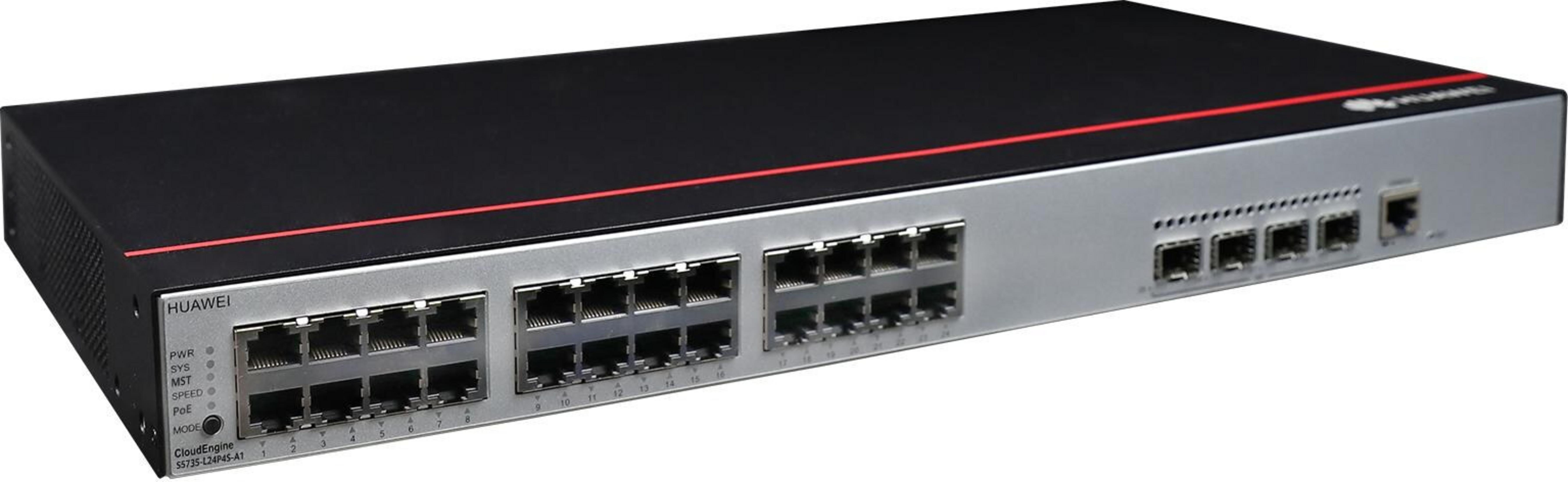 Ein schwarzer Huawei CloudEngine Netzwerkschalter mit silberner Frontplatte und vielen Anschlüssen.