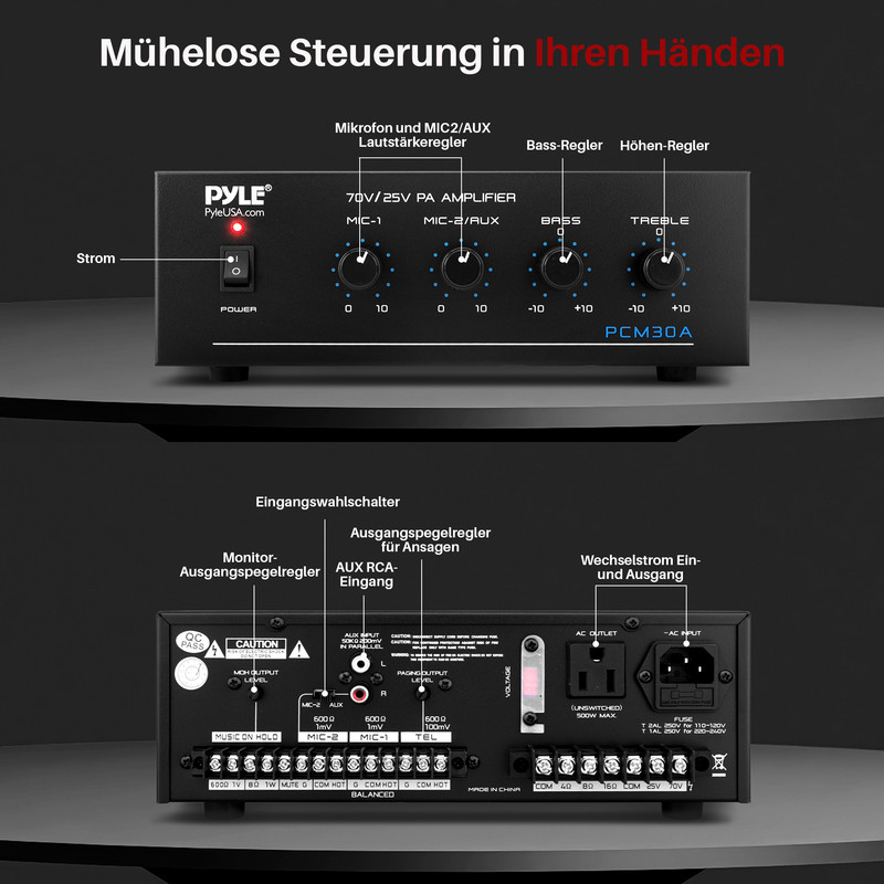 Pyle PA-Verstärker mit Ein-/Ausgangsanschlüssen, Reglern für Mikrofon, Bass und Höhen.