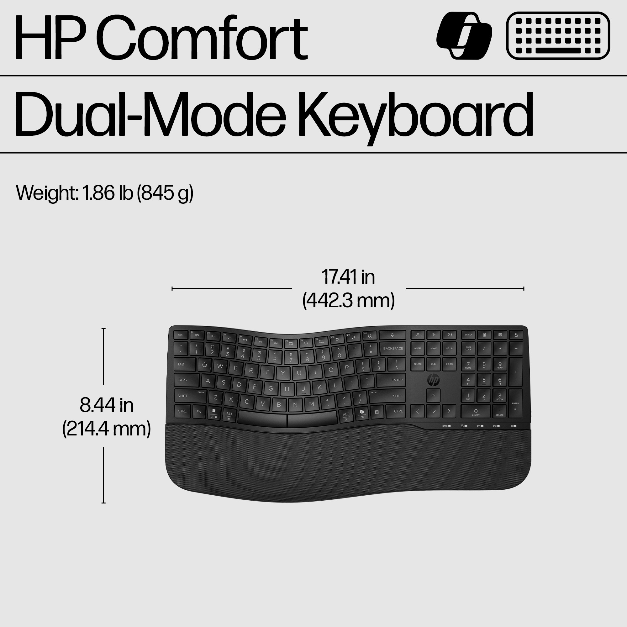 HP Comfort Dual-Mode Tastatur, schwarz, 17,41" B x 8,44" H, 1,86 Pfund.