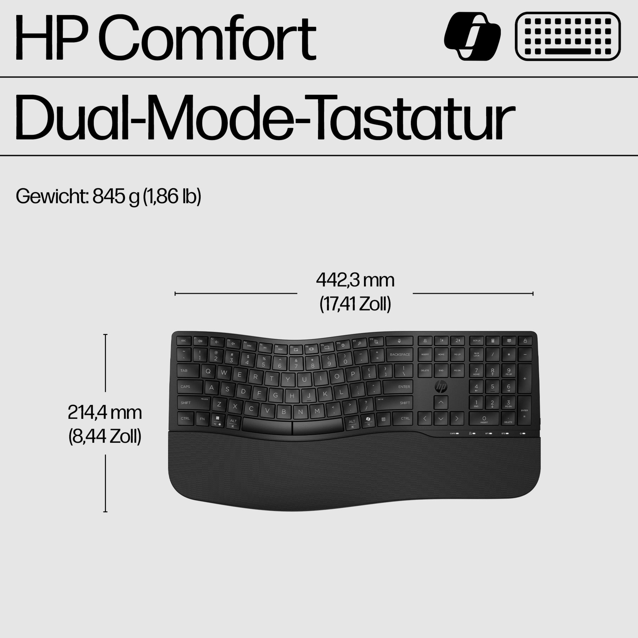 Schwarze HP Dual-Mode-Tastatur mit Nummernblock und Handgelenkauflage.