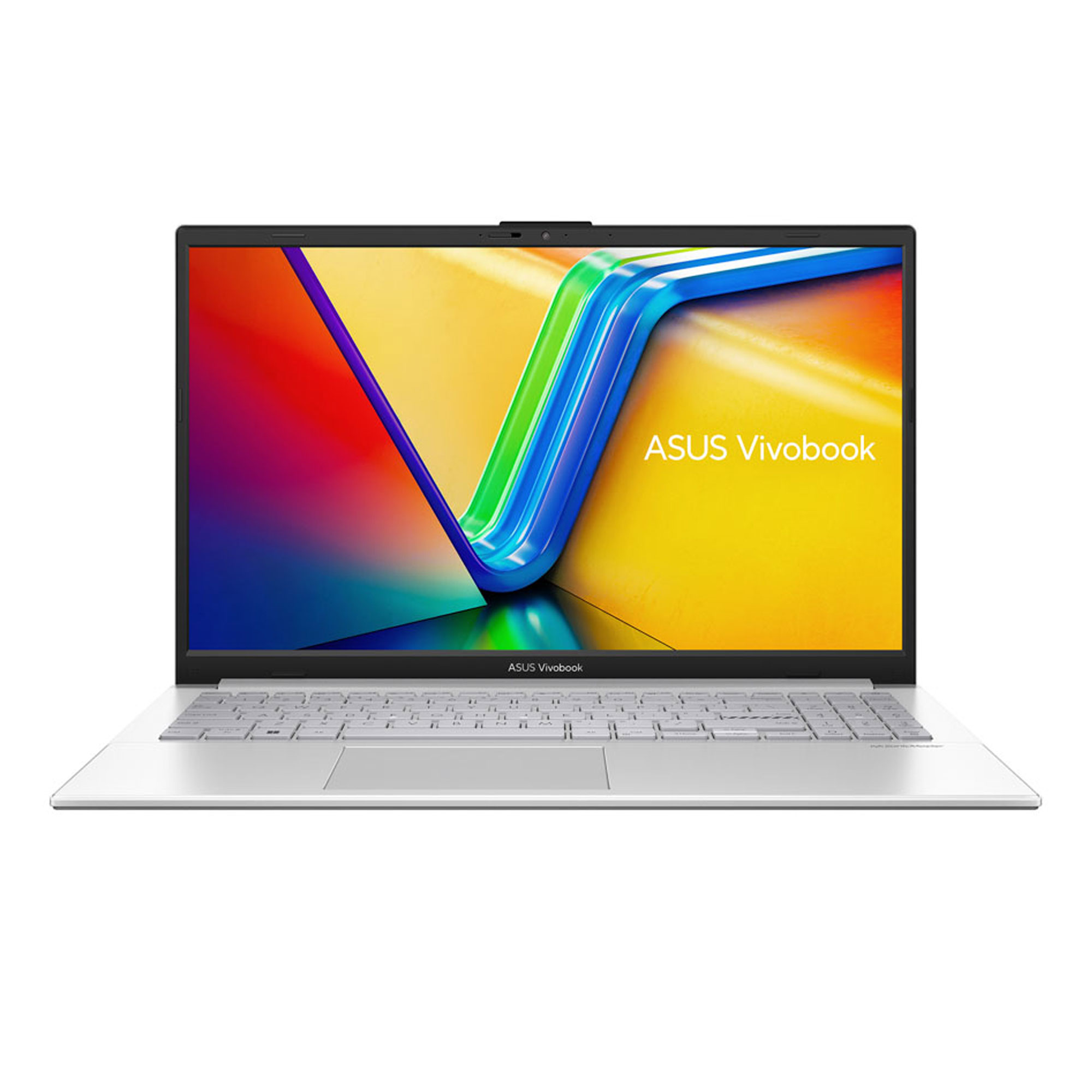 Gümüş rengi ASUS Vivobook dizüstü bilgisayar, ekranında renkli duvar kağıdı var.