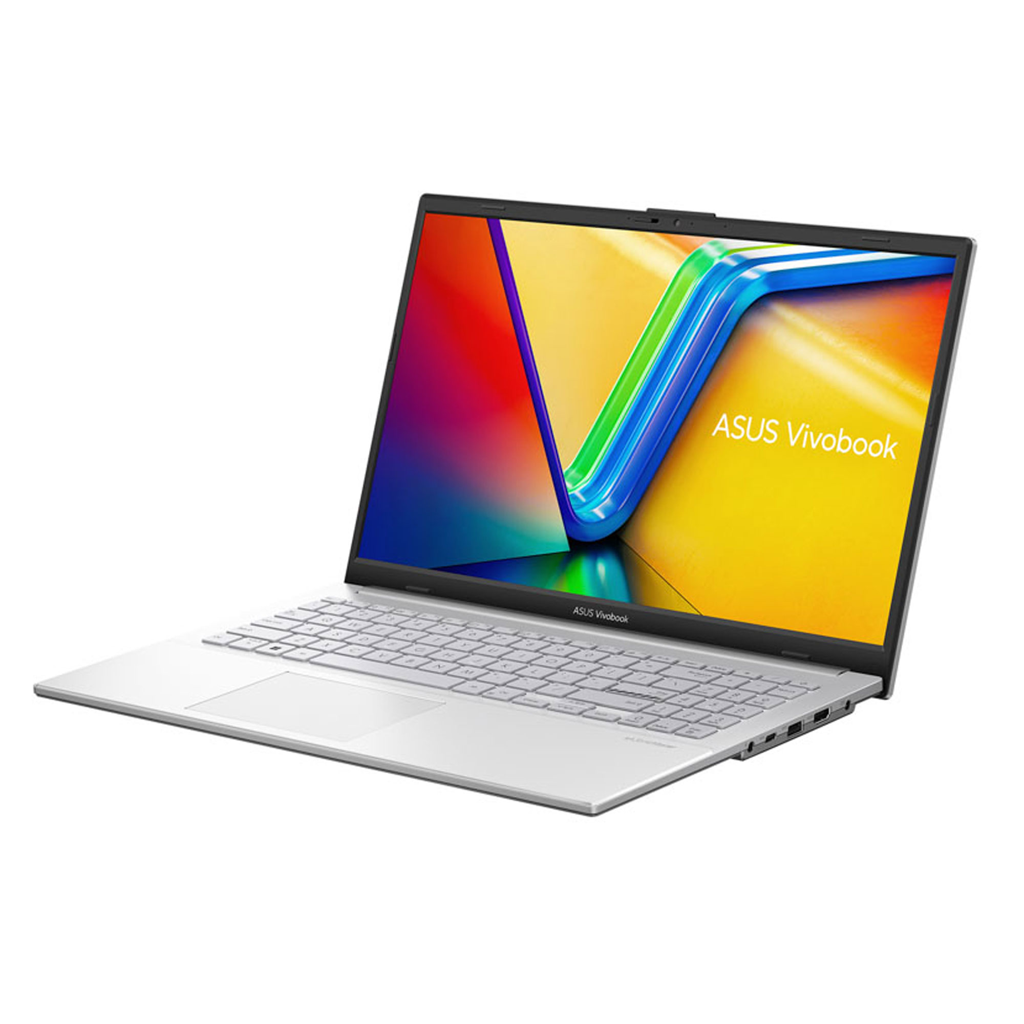 Renkli ekranlı, klavyeli ve dokunmatik yüzeyli gümüş ASUS Vivobook dizüstü bilgisayar.