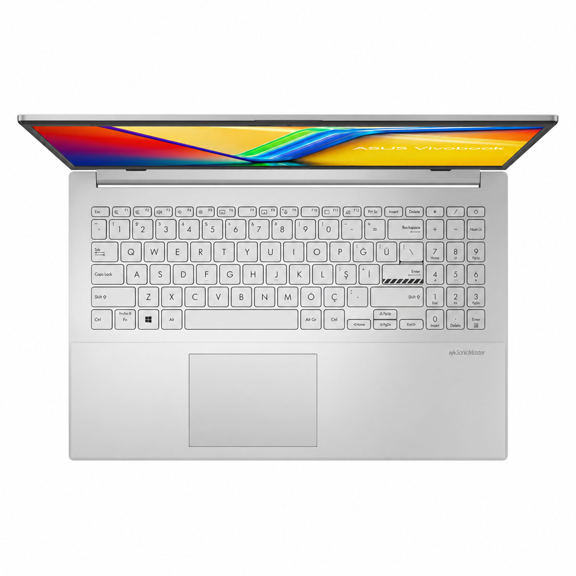 Açık gümüş renkli ASUS Vivobook dizüstü bilgisayar, klavye ve dokunmatik yüzeyi görünüyor.