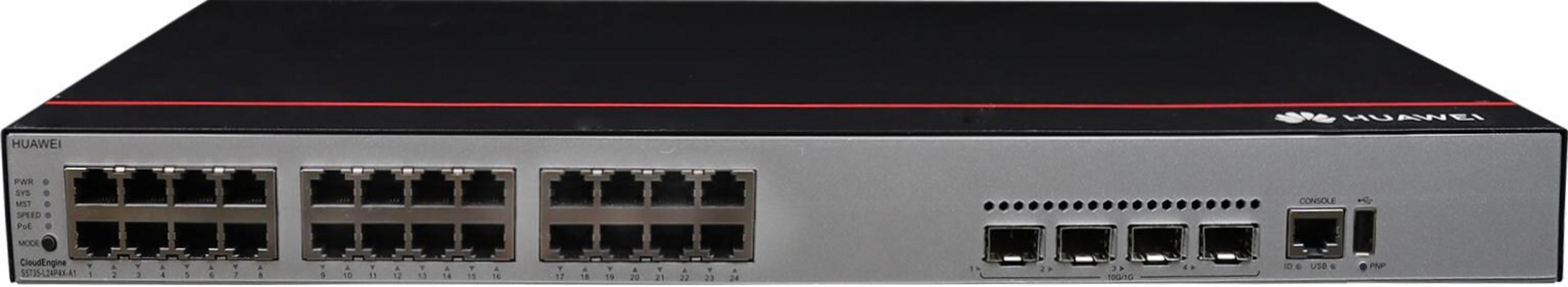 Ein Huawei-Netzwerk-Switch mit 24 Ports, schwarzem Oberteil und roter Linie.