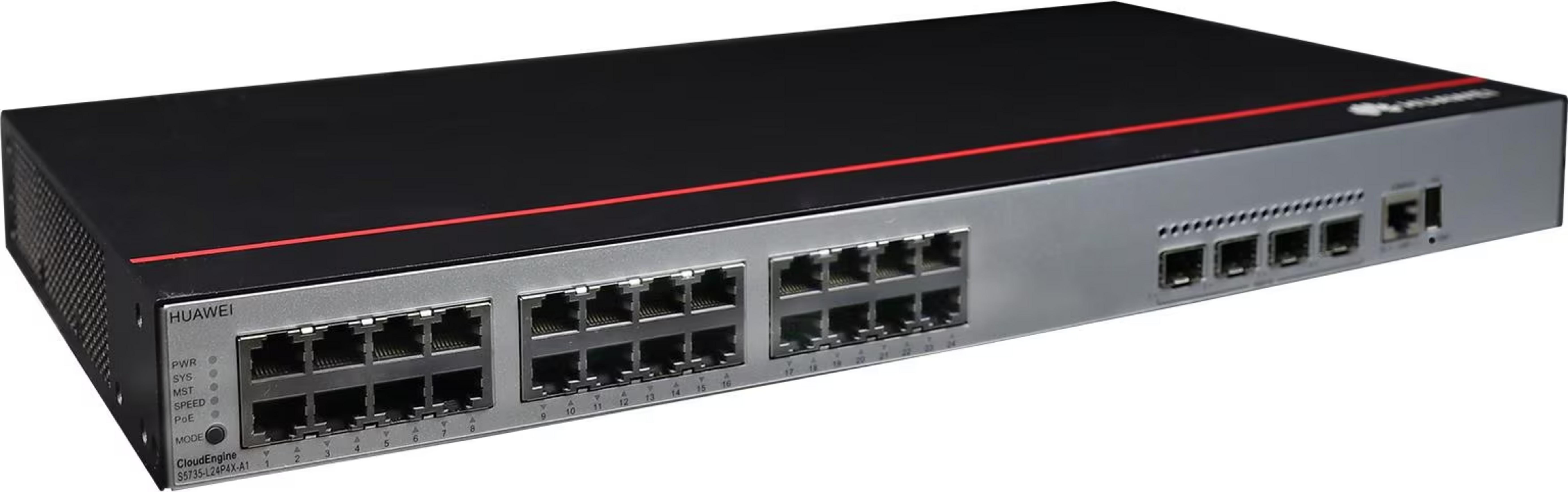 Ein Huawei CloudEngine-Netzwerk-Switch mit vielen Ethernet-Ports und Statusleuchten.