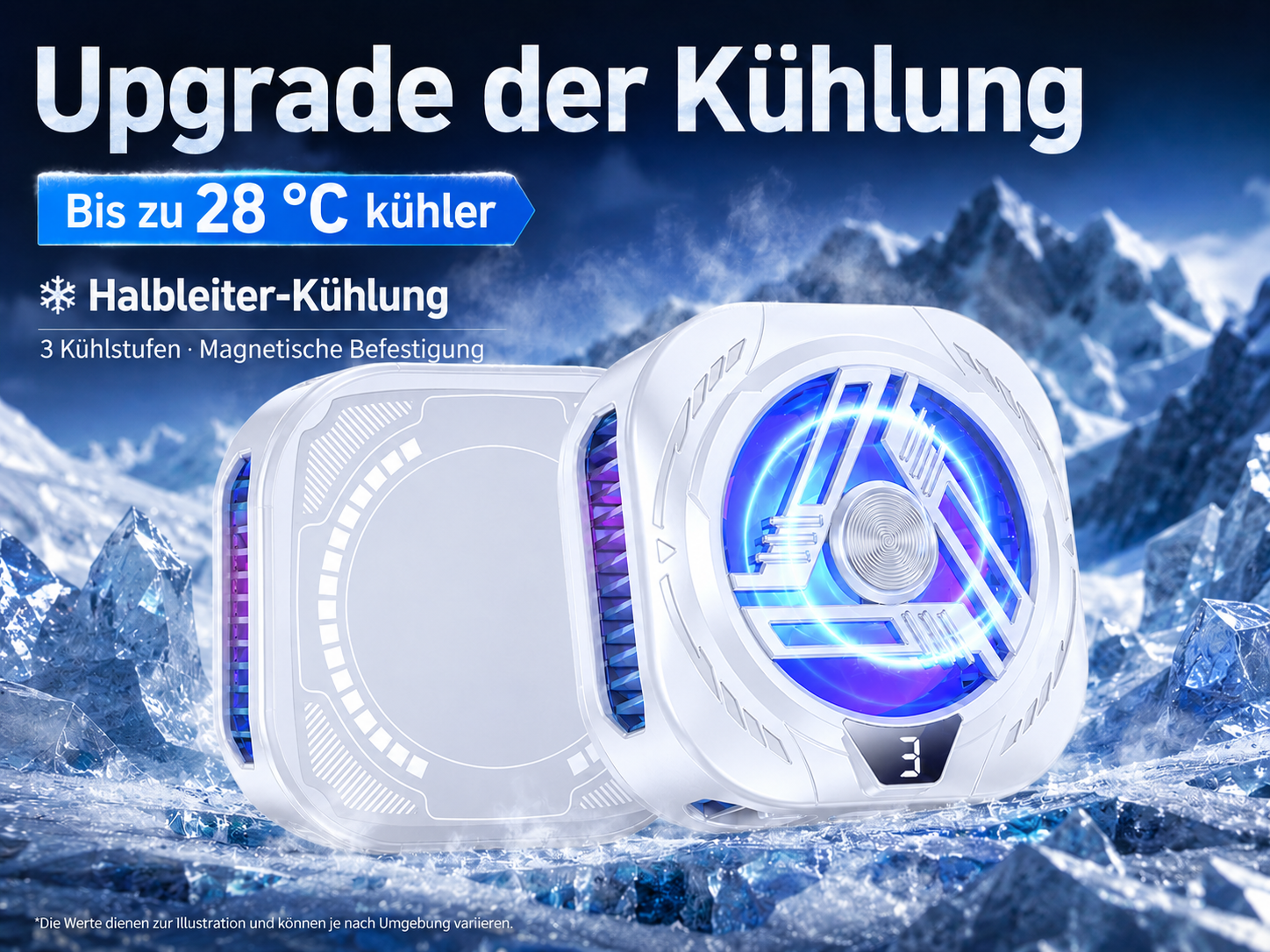 Ein weißer Lüfter mit blauen Lichtern auf Eis und Schnee.