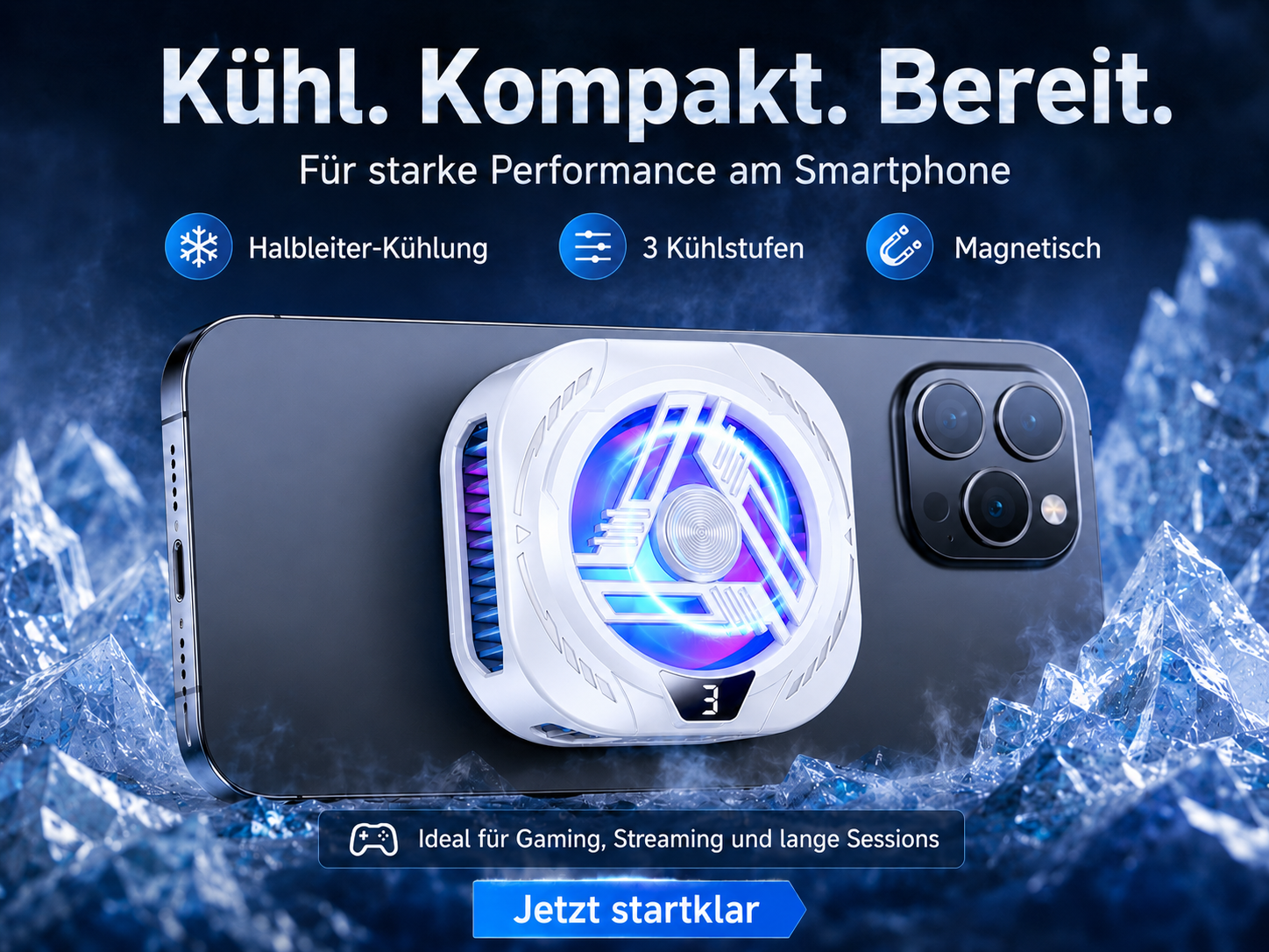 Ein weißer Smartphone-Kühler mit RGB-Licht auf einem Smartphone im Eis.