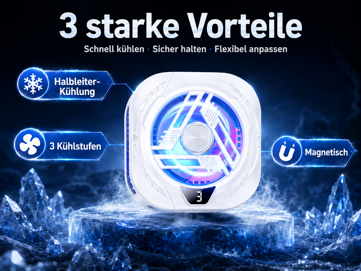 Ein weißer Lüfter mit blauen Lichtern auf Eis.