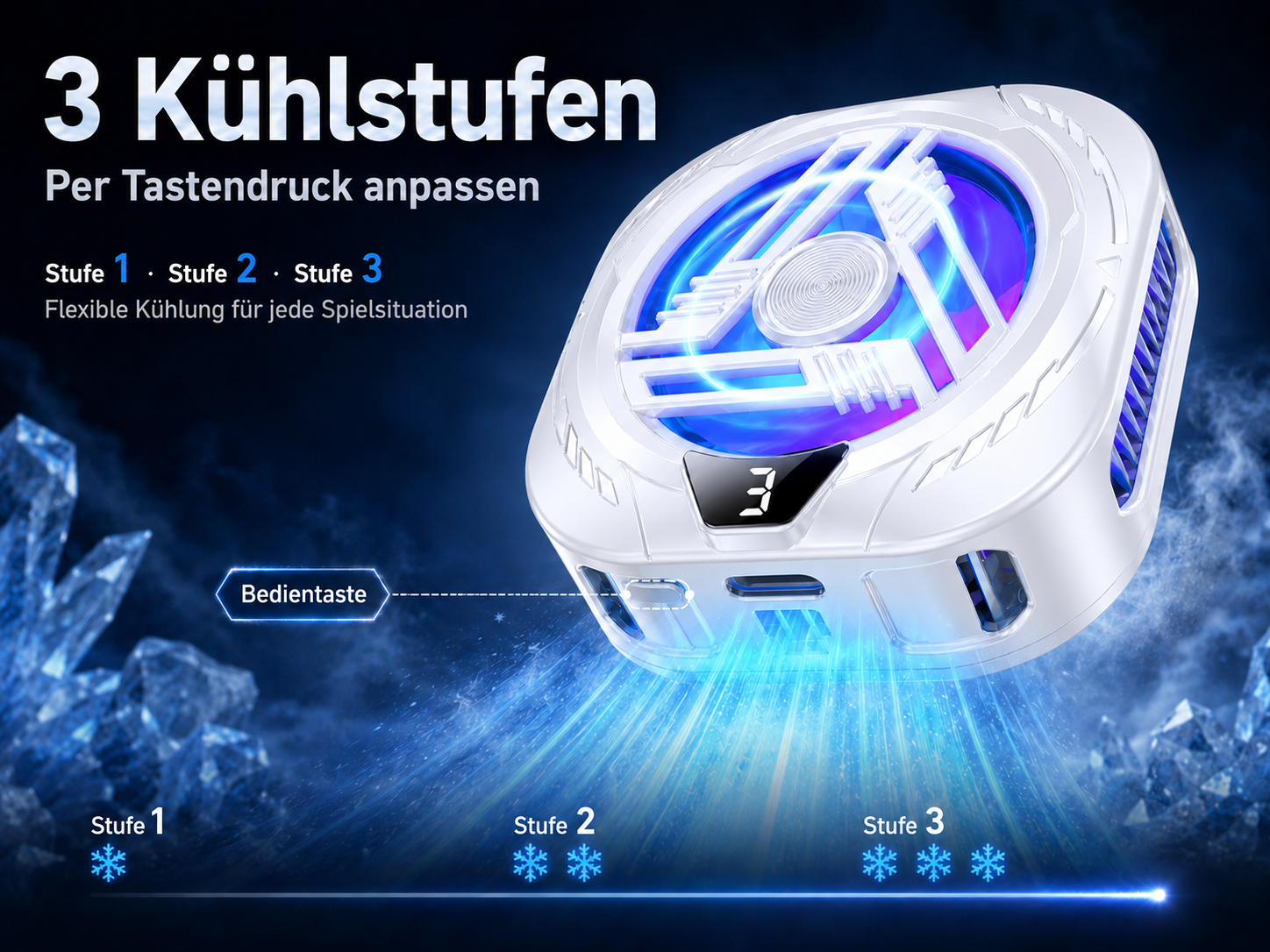 Ein weißer Lüfter mit blauer Beleuchtung und drei Kühlstufen.