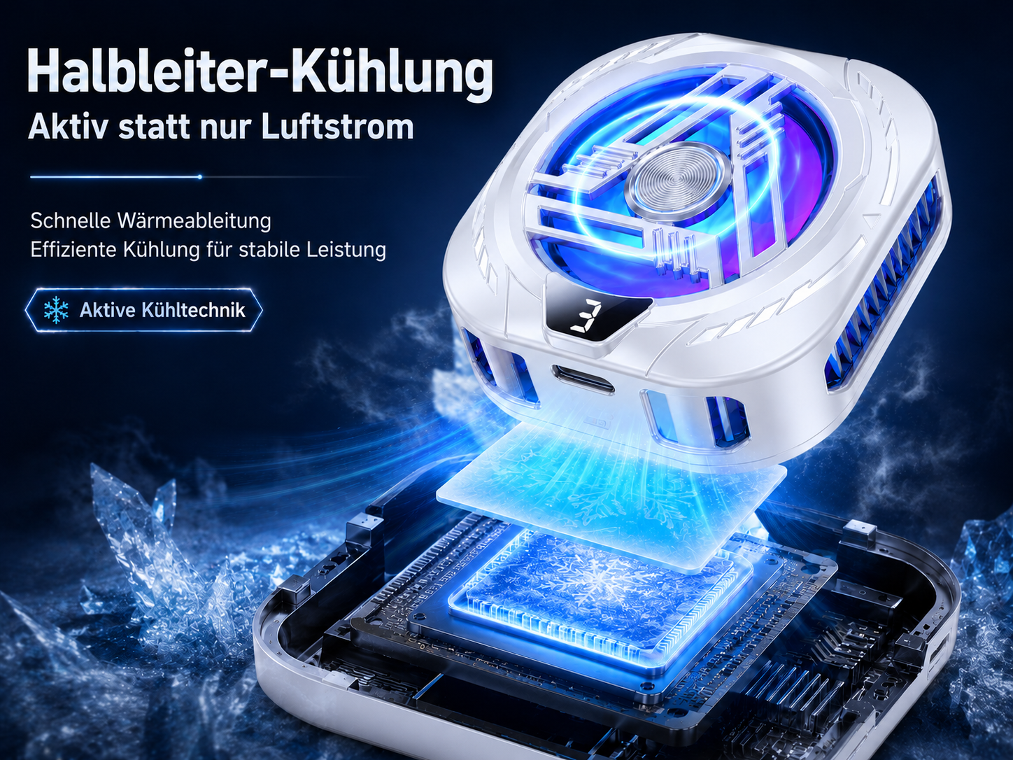 Ein weißer Lüfter kühlt einen Prozessor mit blauen Lichteffekten.