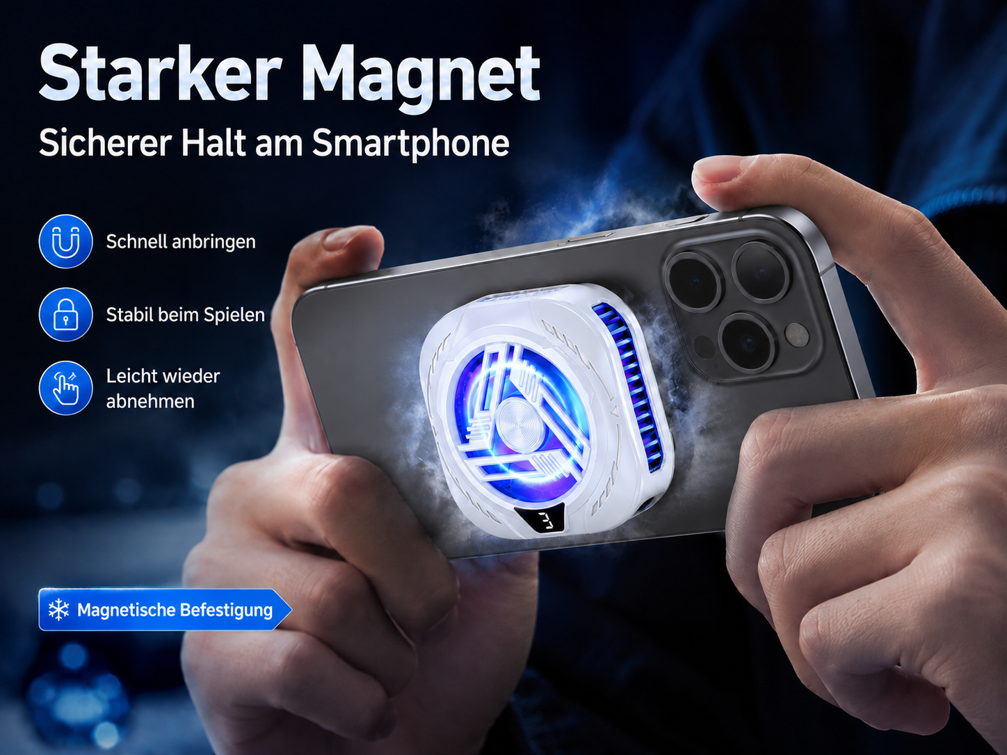 Ein Handykühler mit blauen Lichtern wird magnetisch an einem Smartphone befestigt.