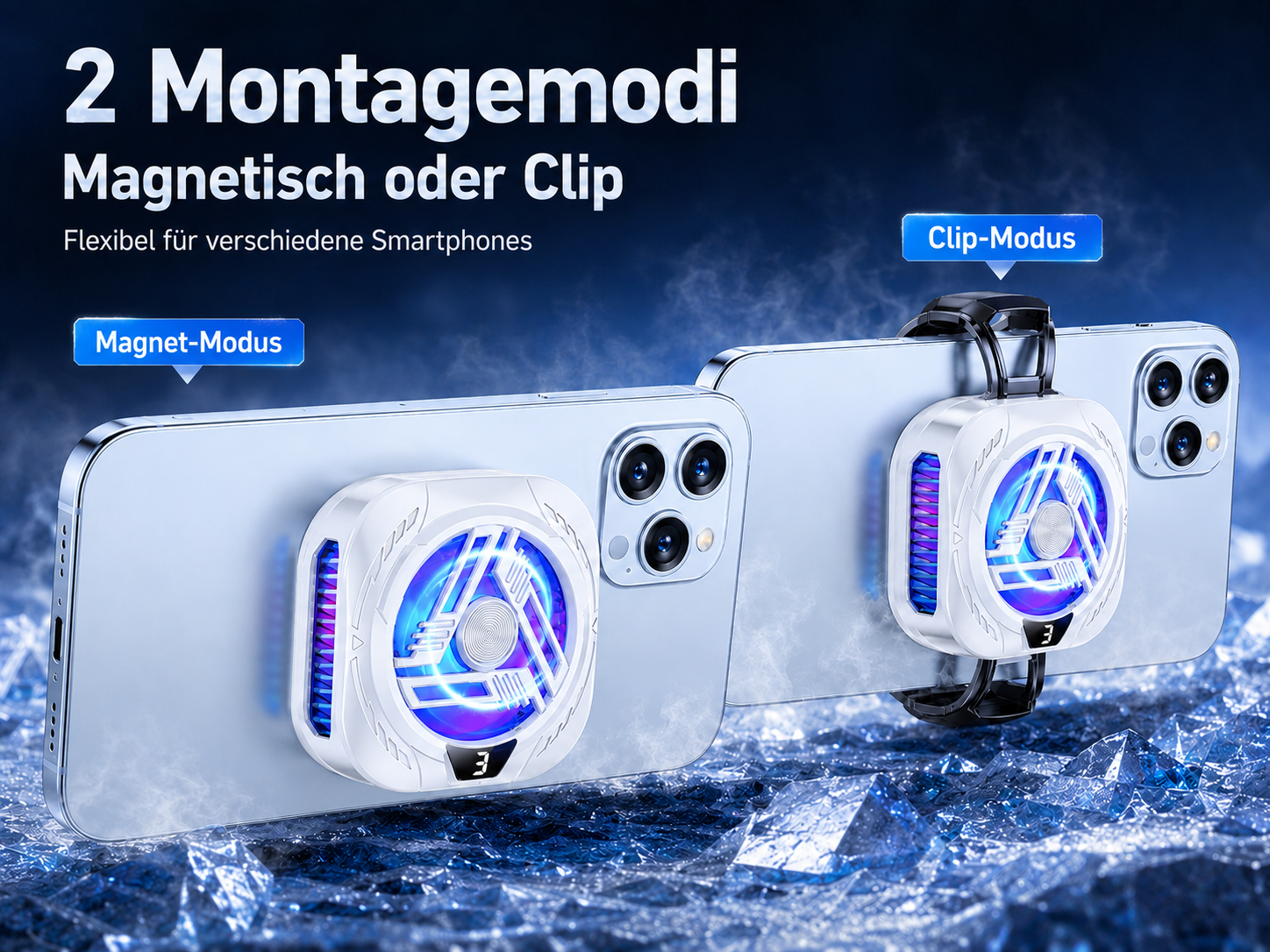 Zwei Smartphone-Kühler: Ein magnetischer und ein Clip-Modell mit blauer Beleuchtung.