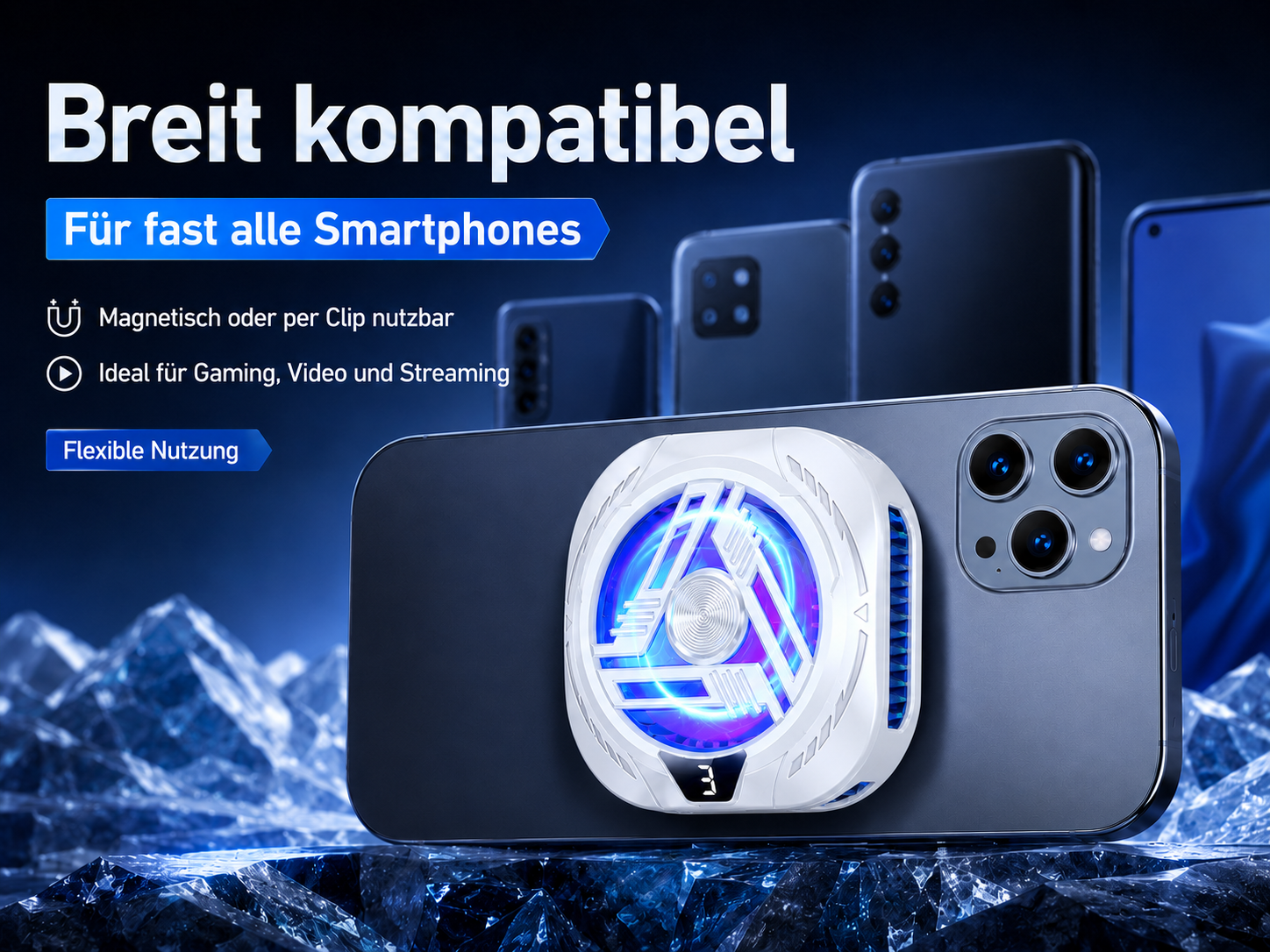 Ein Smartphone mit einem weißen Lüfter, der magnetisch oder per Clip befestigt wird.