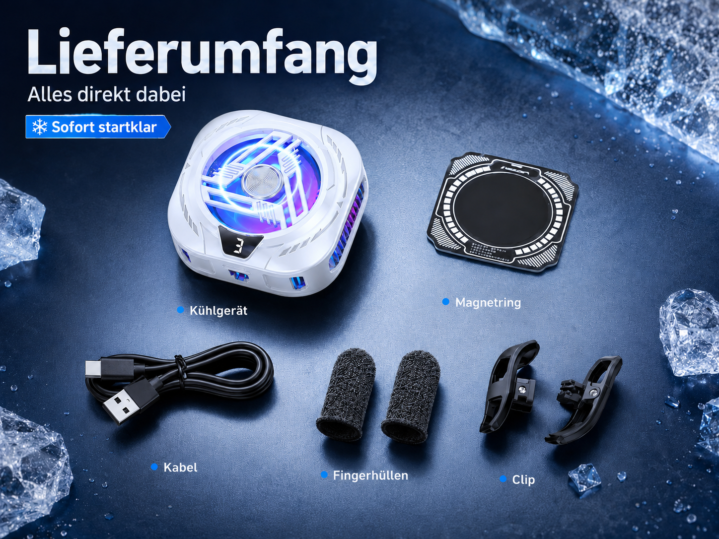 Ein Kühler, Magnetring, Kabel, Fingerhüllen und Clips auf dunklem Untergrund.