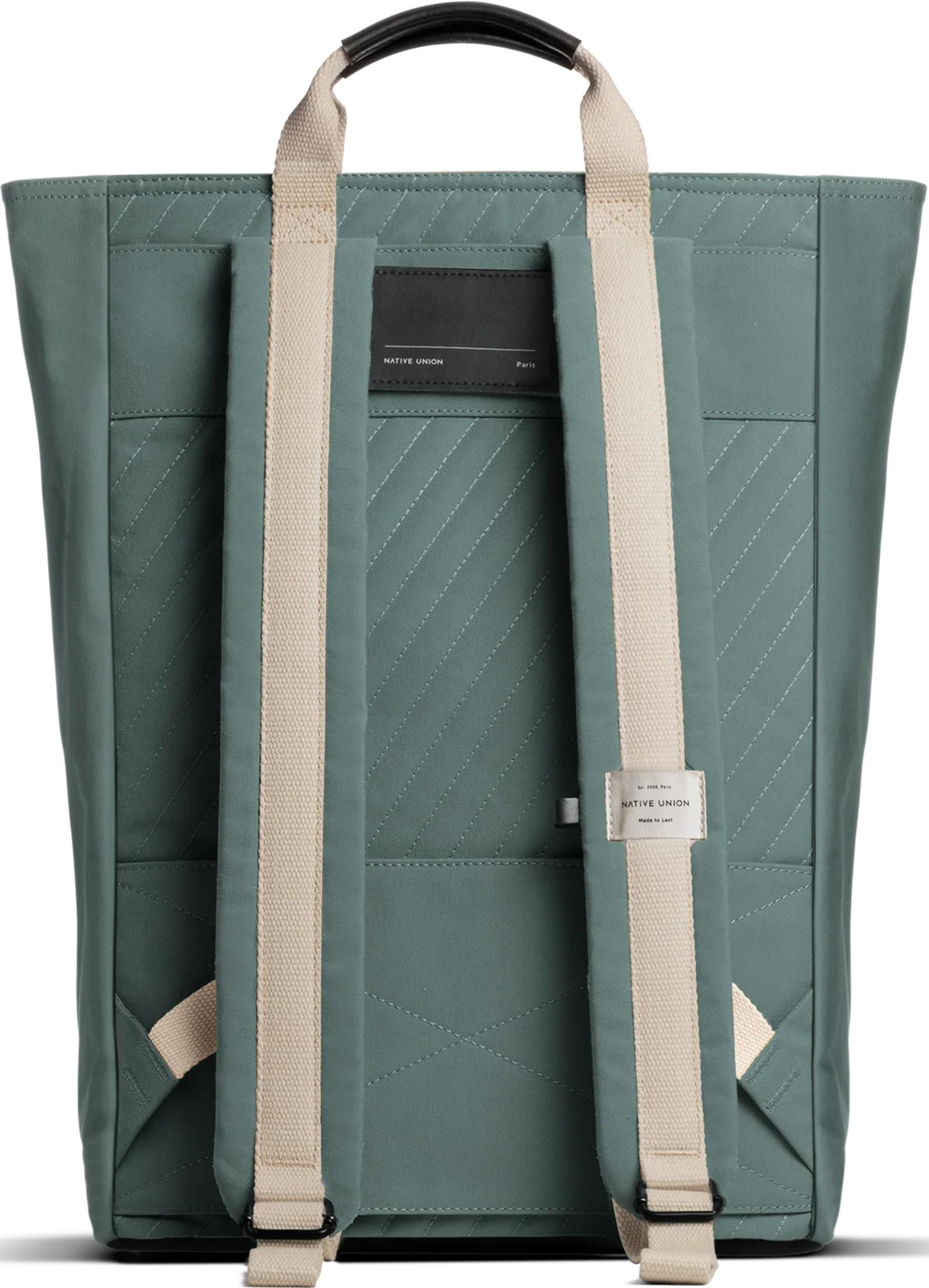 Grüner Rucksack mit hellbeigen Trägern und einem schwarzen Griff.