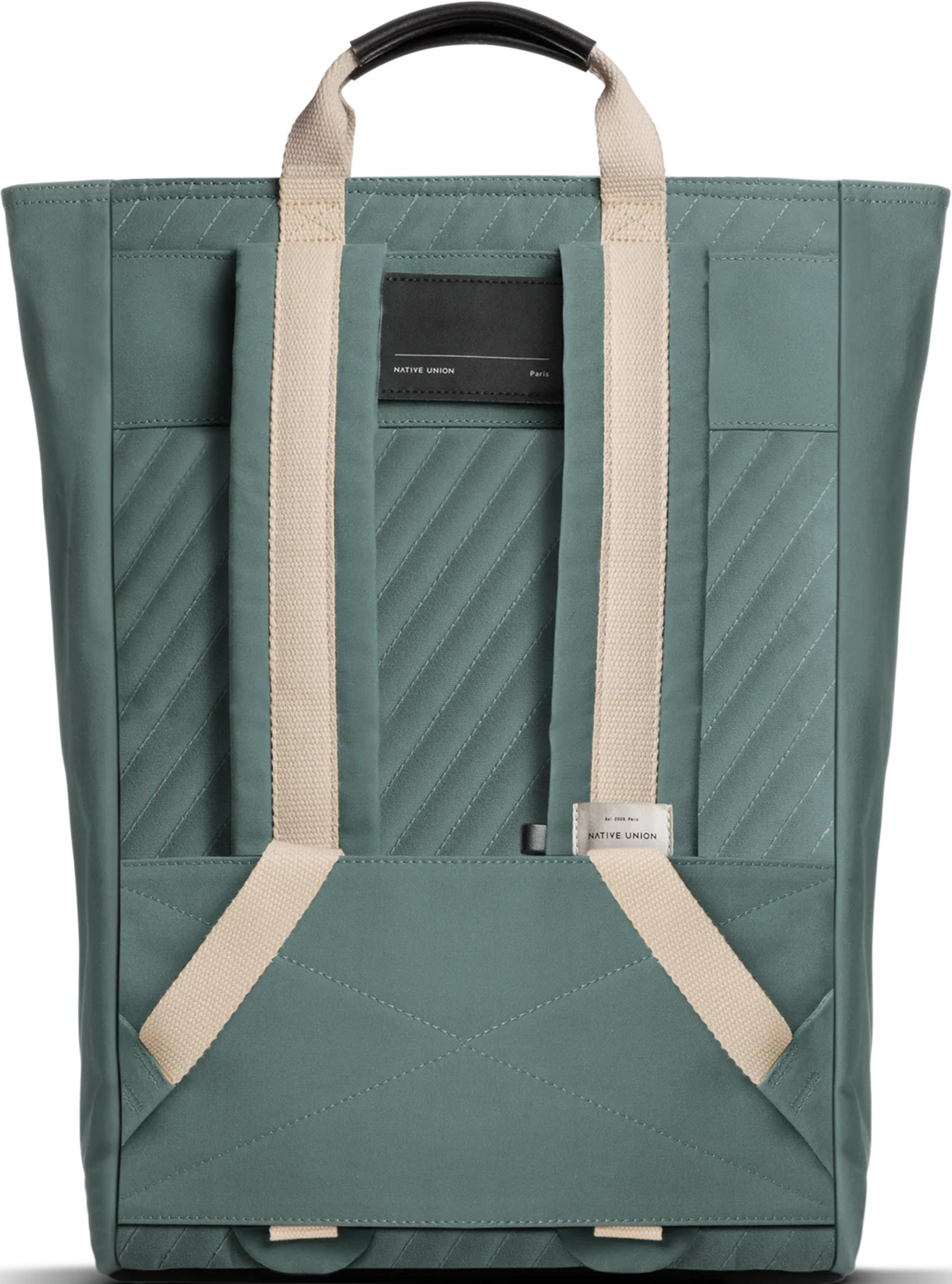 Rückansicht einer petrolfarbenen Tasche mit gestepptem Design und hellbeigen Trägern.