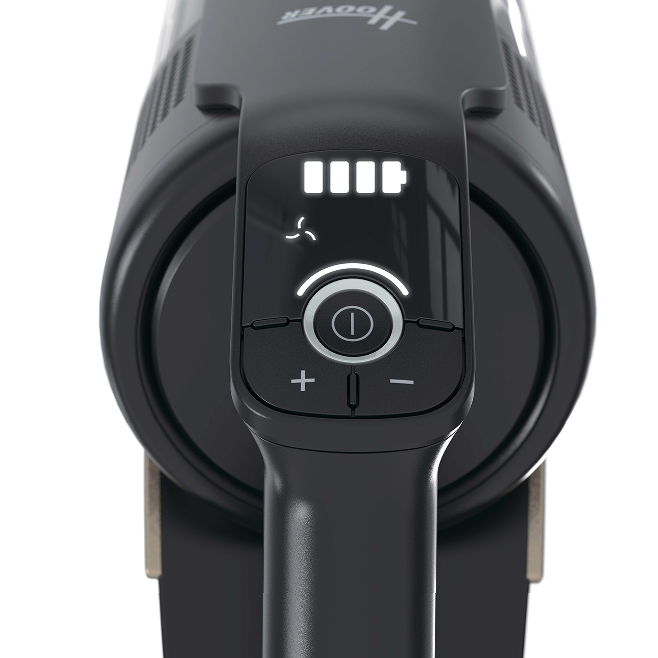 Nahaufnahme eines schwarzen Staubsaugergriffs mit beleuchteten Bedienelementen und Batteriestandsanzeige.