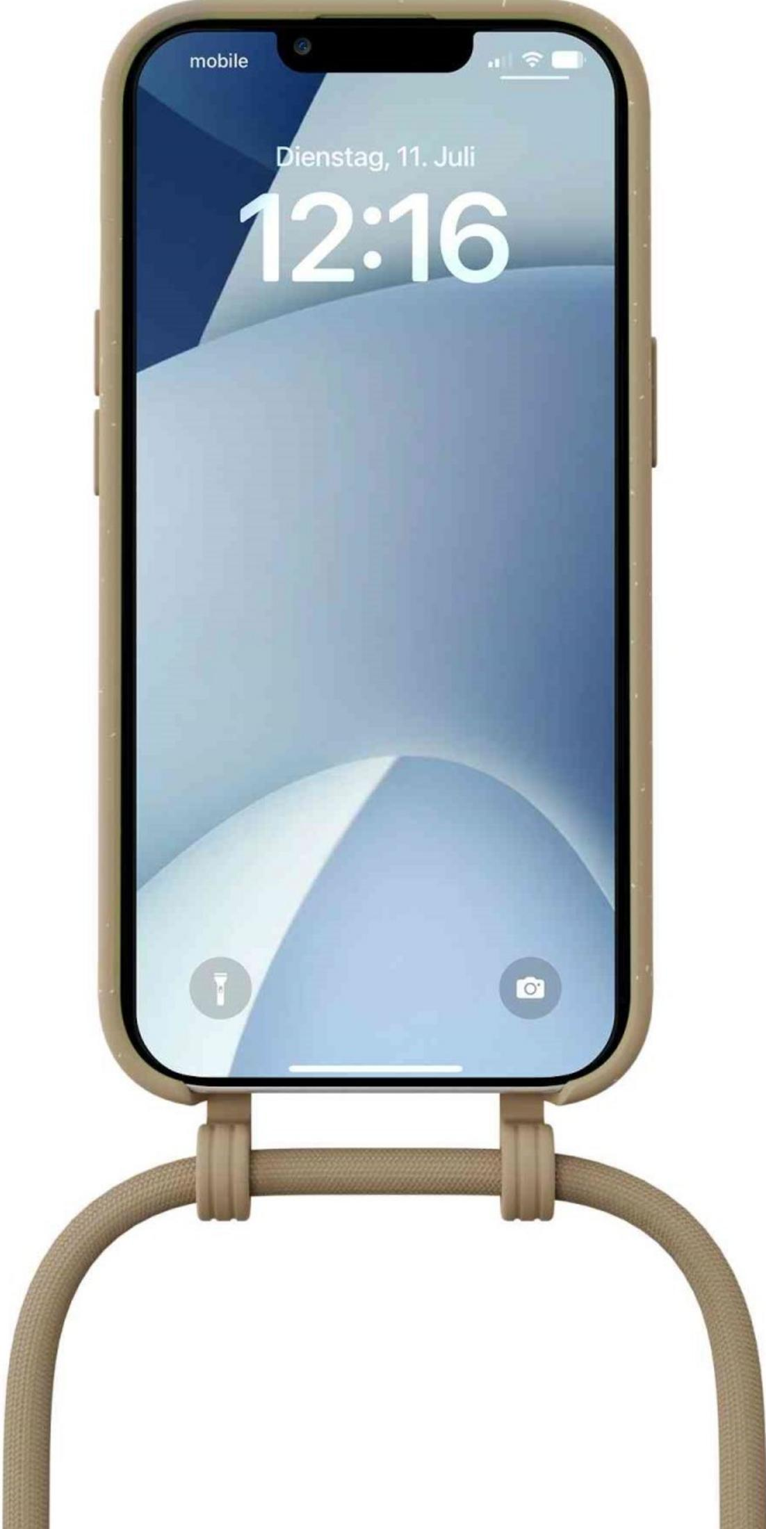 Ein hellbraun umhülltes Smartphone zeigt 12:16 Uhr an. Ein Band ist daran befestigt.