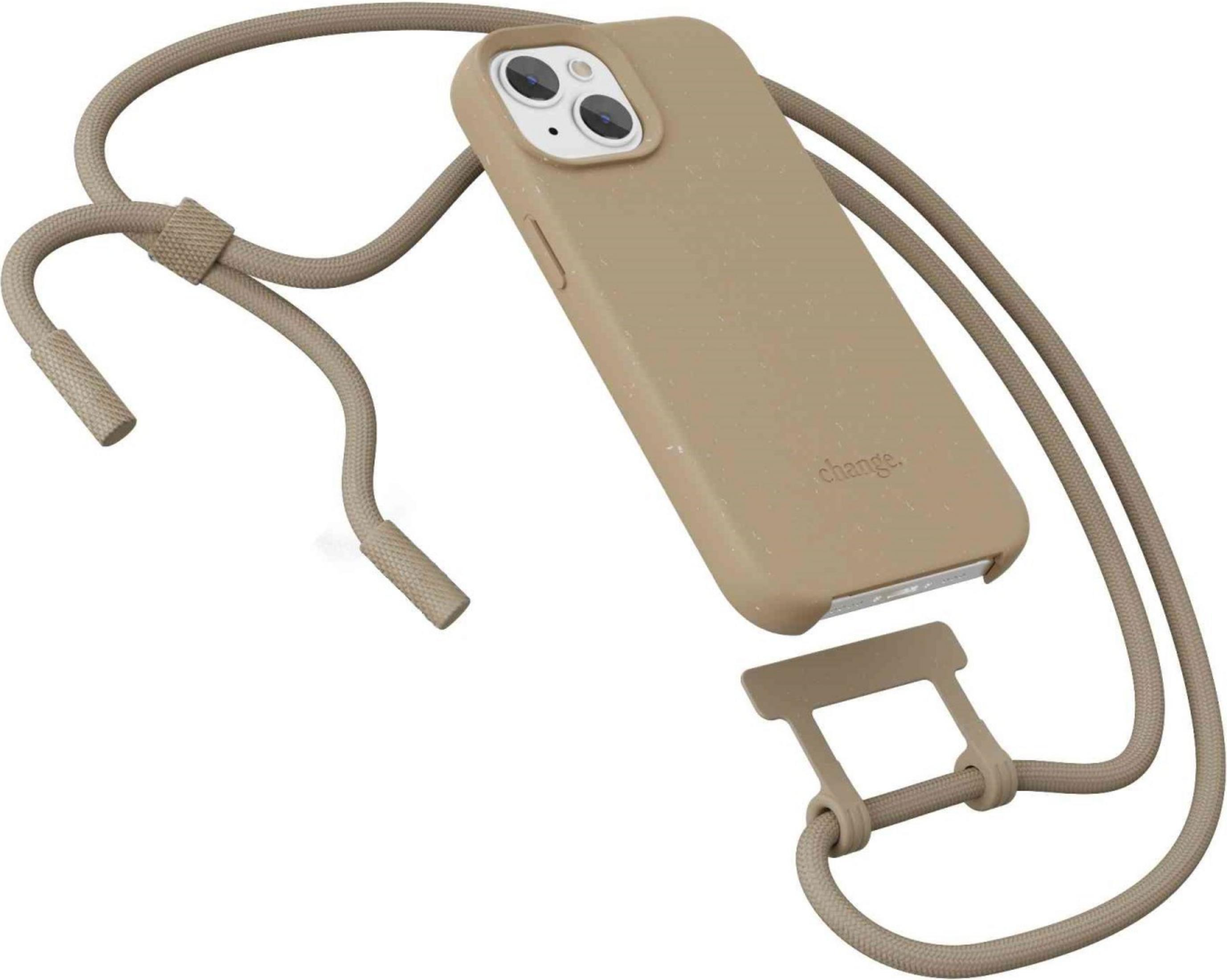 Ein sandfarbenes Handycover mit Lanyard, Kameras auf der Rückseite.