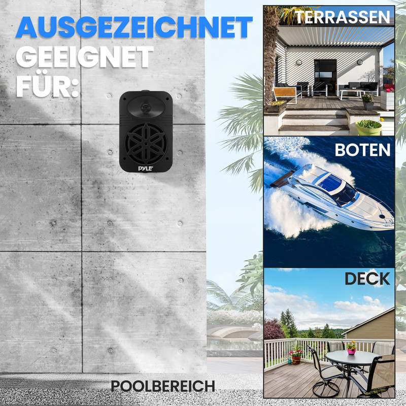 Schwarzer Lautsprecher an Betonwand, mit Bildern von Terrassen, Booten und Decks.