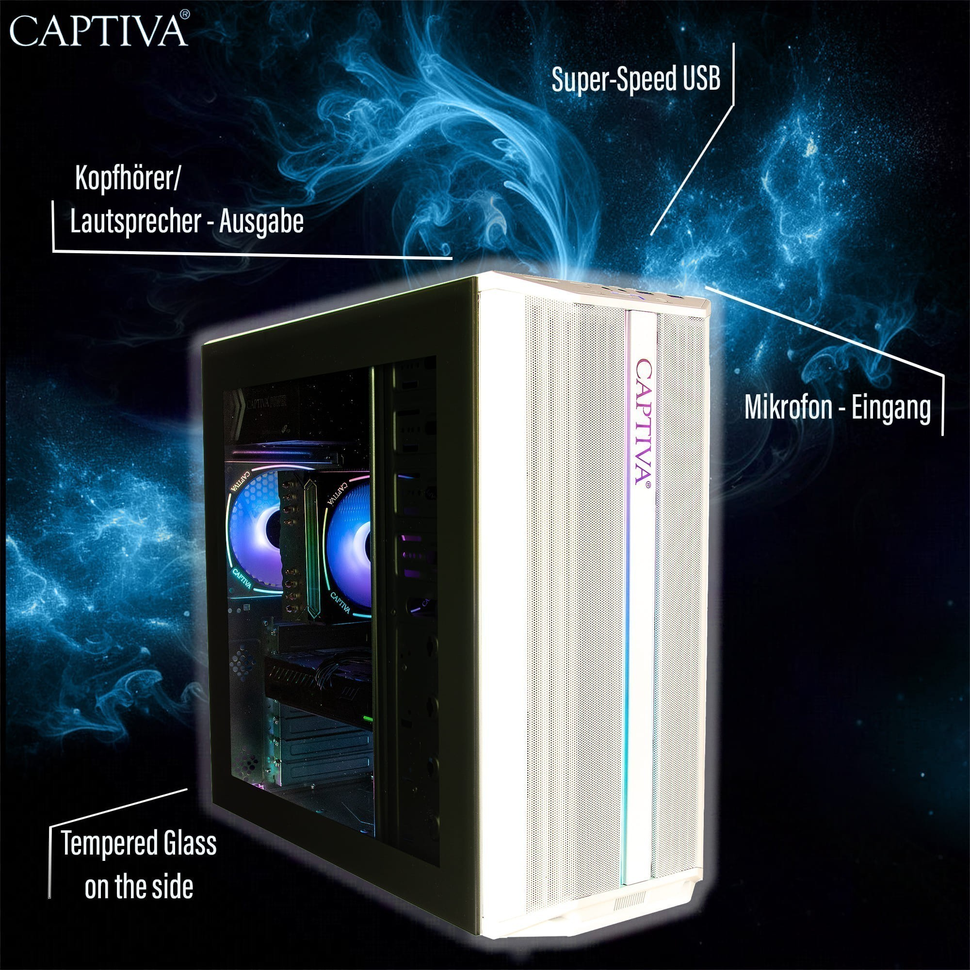 Captiva PC-Gehäuse mit Temperglas-Seite, RGB-Lüftern, USB und Mikrofon-Anschlüssen.