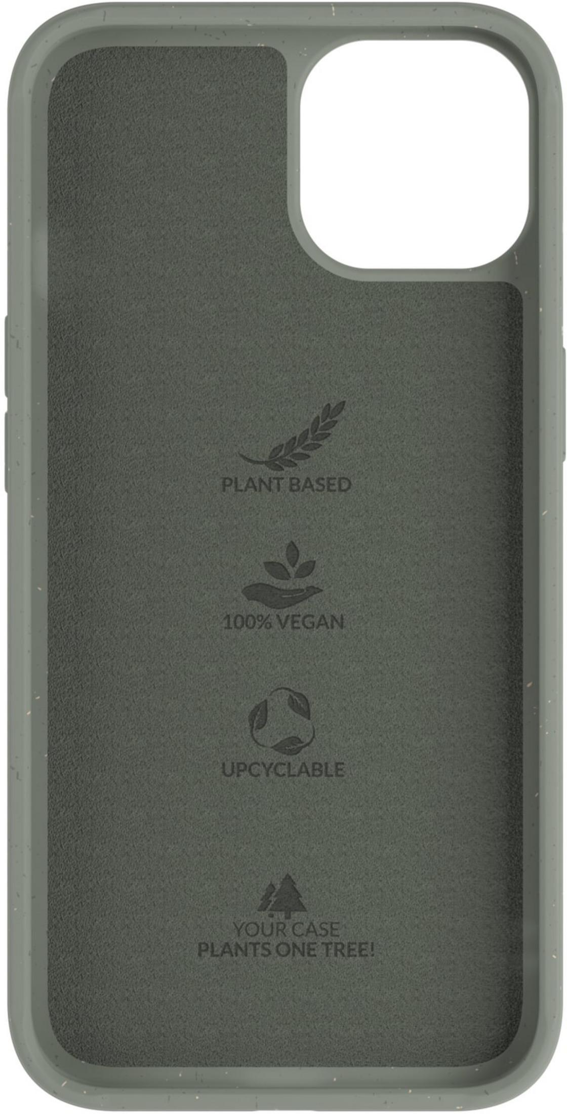 Grüne Handyhülle mit Symbolen für pflanzlich, vegan, recycelbar, Baum.