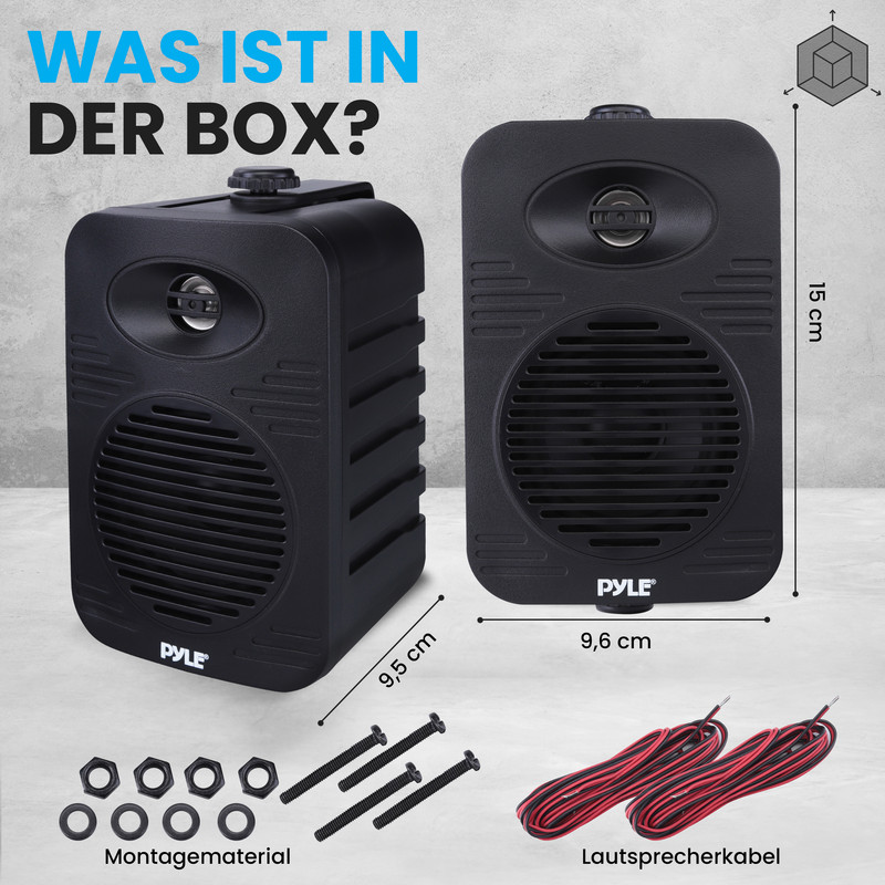 Zwei schwarze Lautsprecher, Montagezubehör und Kabel auf hellem Hintergrund.