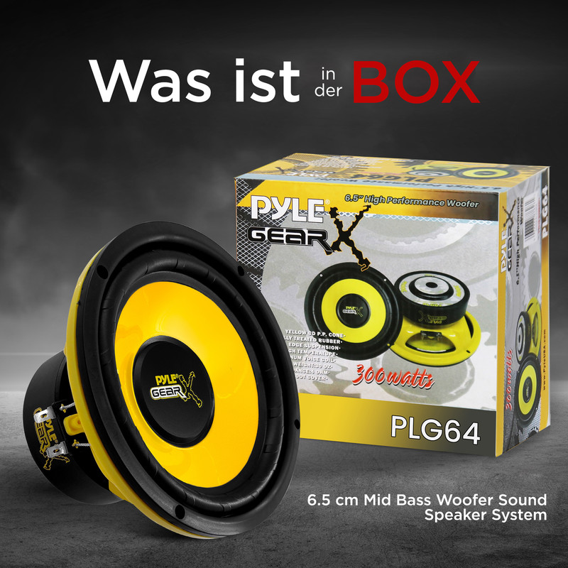 Ein gelber 6,5-Zoll-Woofer und seine Verpackung mit der Aufschrift „PYLE GEAR“.