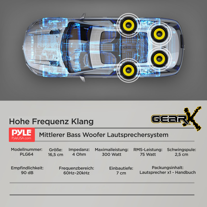 Draufsicht eines Autos mit transparenten Elementen, die Lautsprecher zeigen.