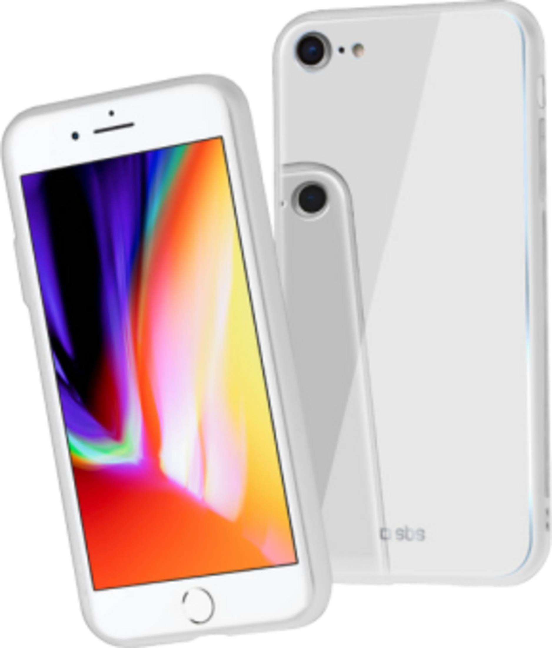 Zwei weiße iPhones mit Schutzhüllen, eines mit buntem Hintergrundbild.