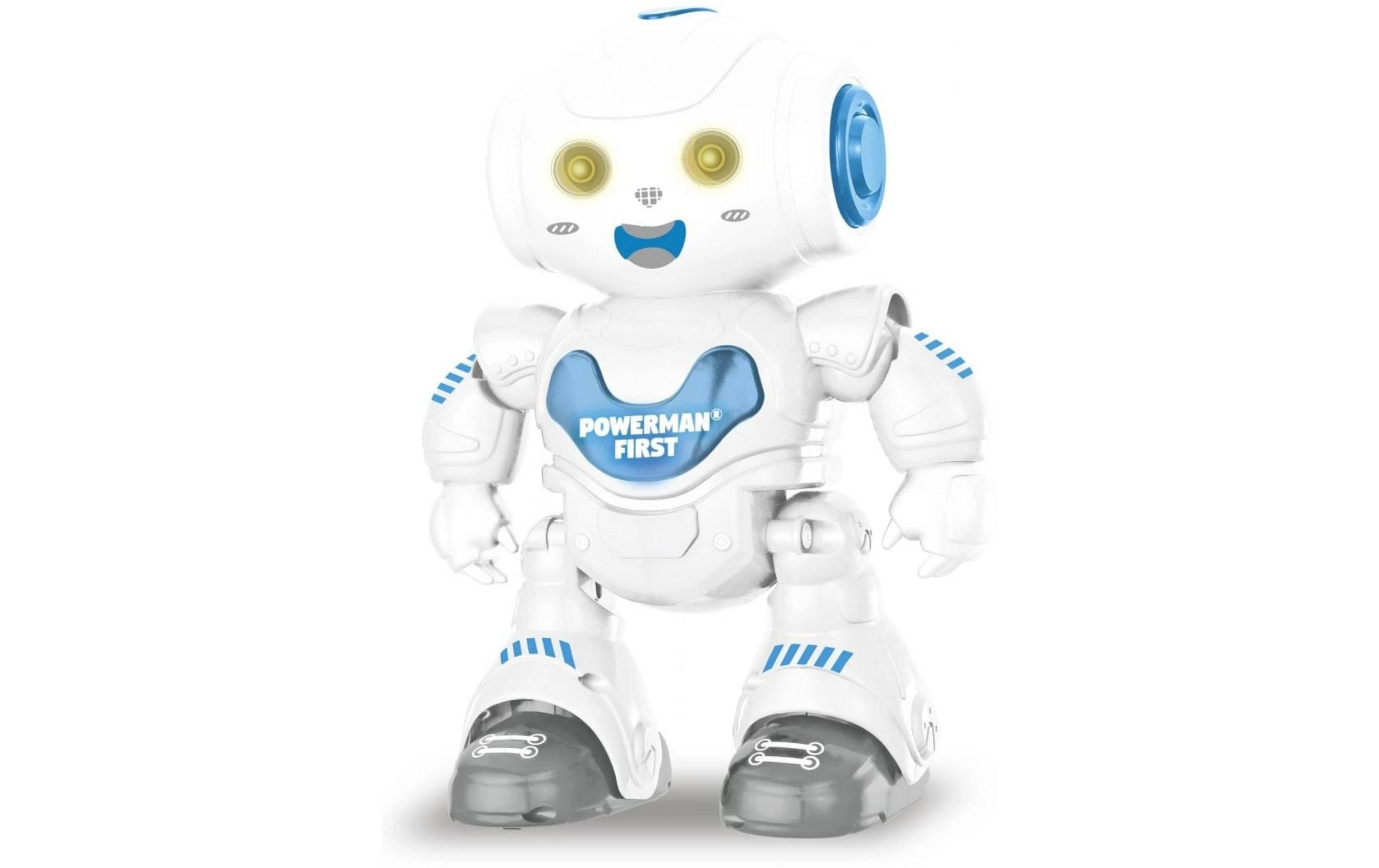 Ein weißer Roboter mit blauen Akzenten und leuchtenden Augen steht auf einem weißen Hintergrund.