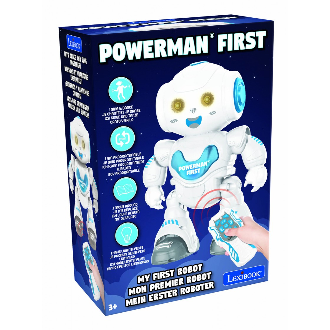 Verpackung eines weißen Roboters mit blauen Akzenten, der singt, tanzt und Lichteffekte hat.