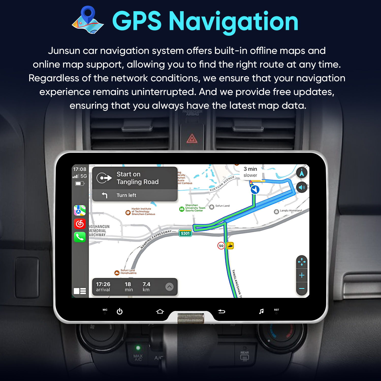 Pantalla de navegación GPS del coche muestra mapa con ruta, hora y distancia.