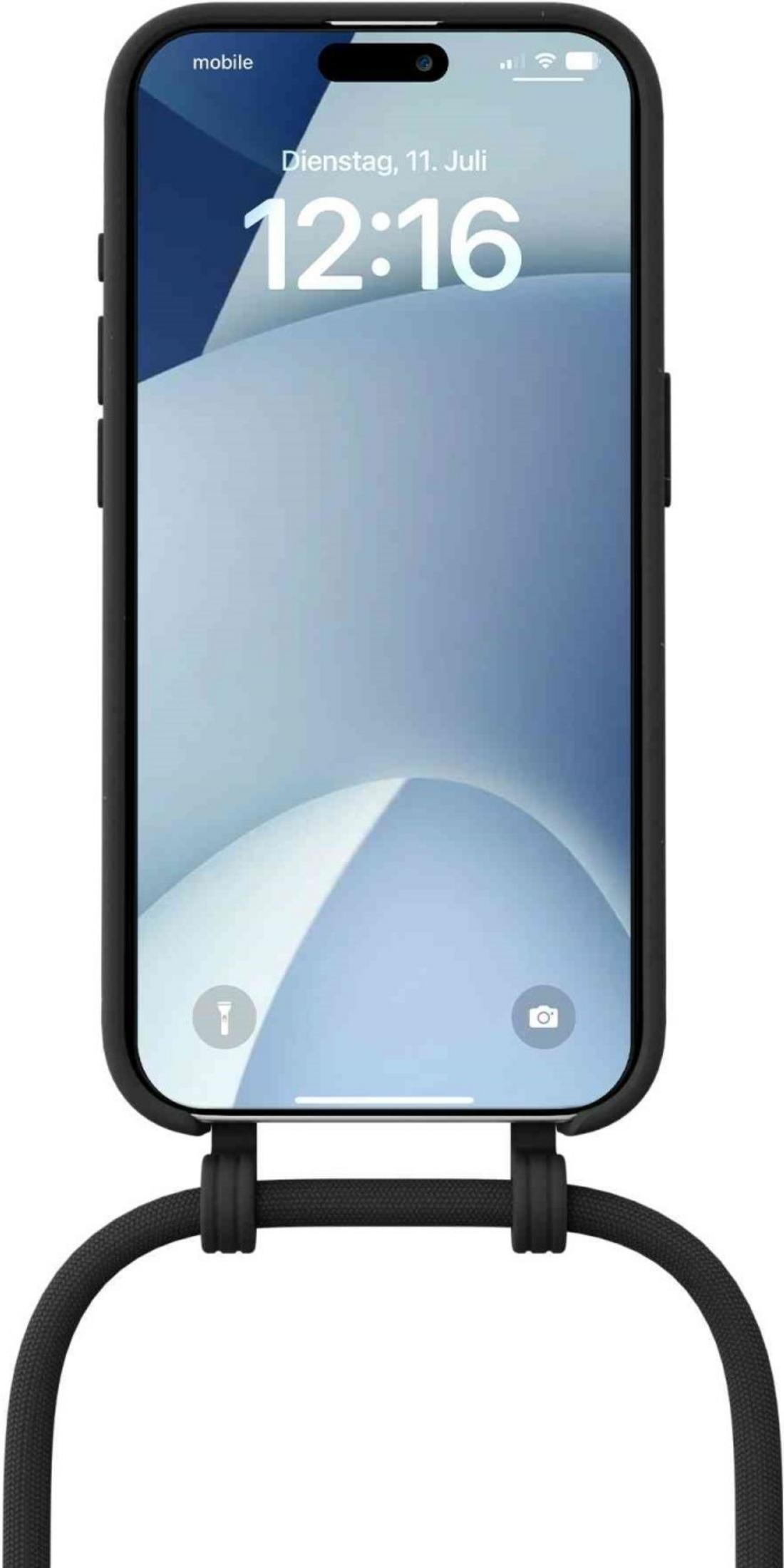 Ein schwarzes iPhone in einer Hülle mit einem Lanyard, das am unteren Rand befestigt ist.