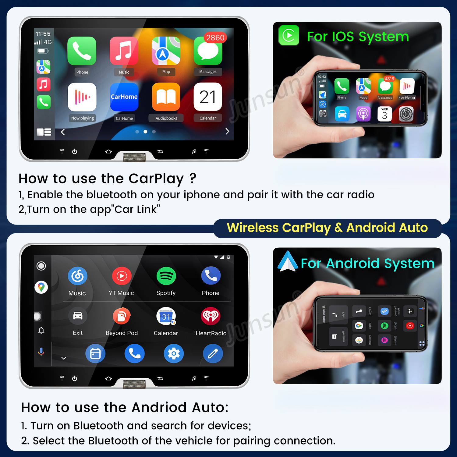Una infografía muestra las interfaces de CarPlay y Android Auto en una radio de coche y un smartphone.